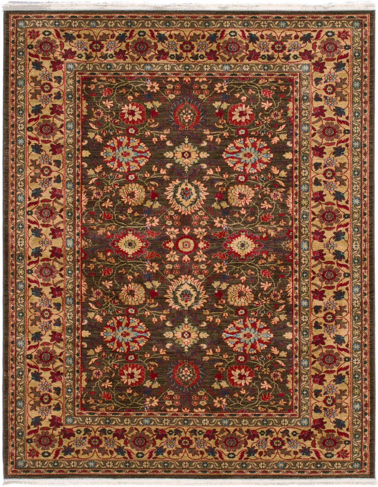 A 6x9 rectangular brown area rug with a traditional floral pattern in red, blue, and tan, featuring a detailed border.