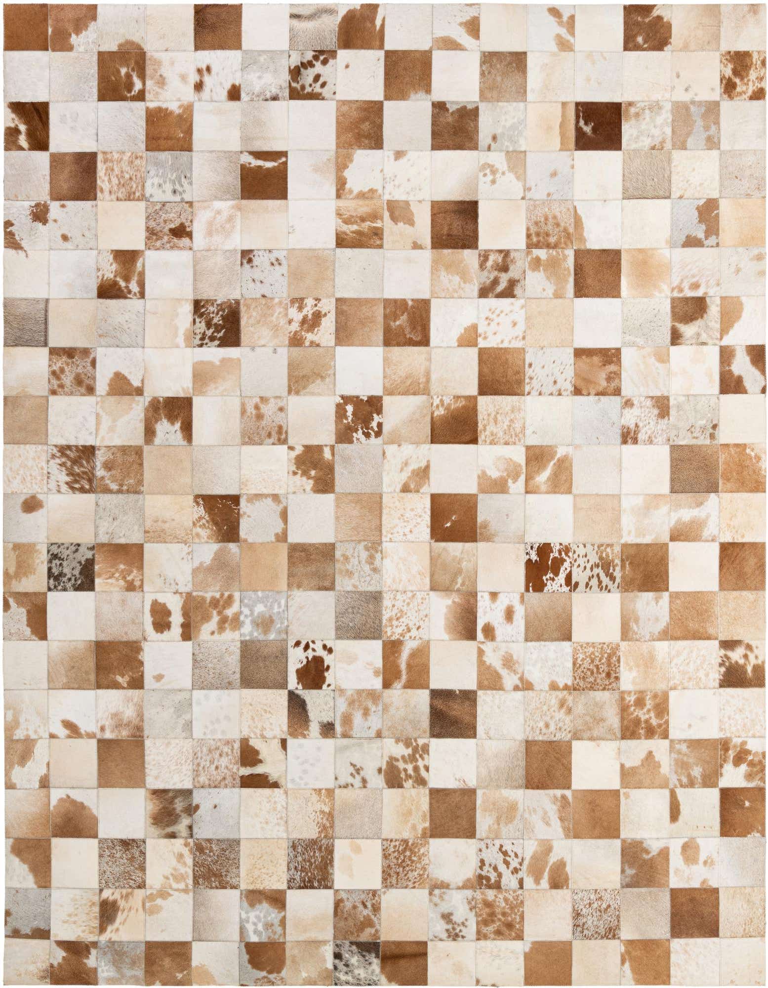 A rectangular 8x10 Cowhide Patchwork rug featuring a checkerboard pattern of brown, tan, and white natural cowhide squares.