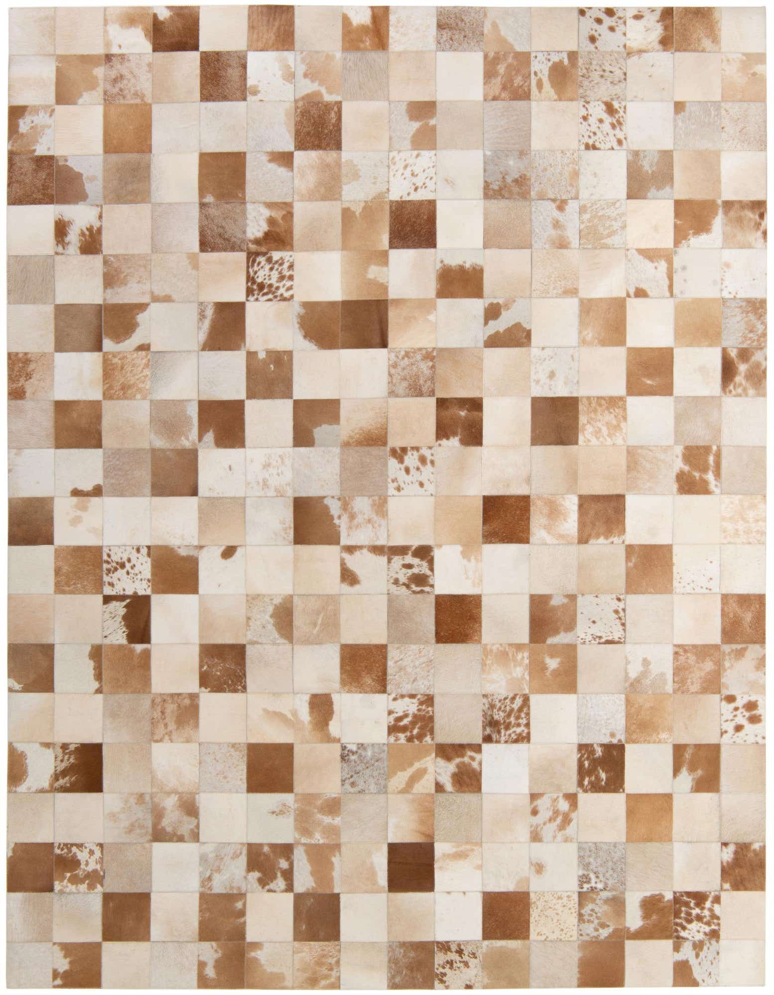 A rectangular 8x10 Cowhide Patchwork rug featuring a modern grid pattern of brown and tan squares, some with natural cowhide spots.