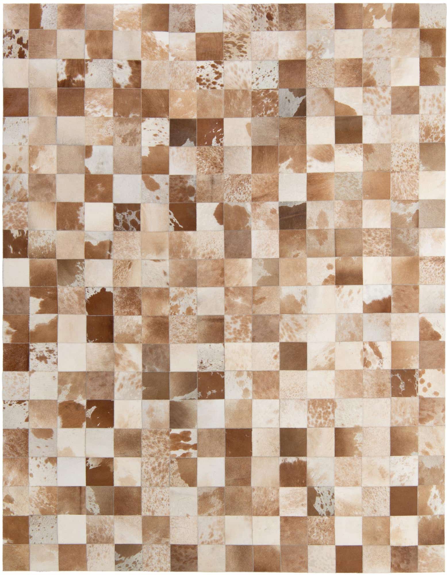 A rectangular 8x10 Cowhide Patchwork rug featuring a checkerboard pattern of brown and tan squares, perfect for a modern living room.