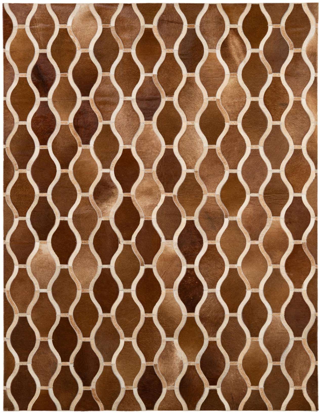 A 5x8 rectangular Cowhide rug with a modern geometric pattern of varying brown and tan patches outlined in light leather.