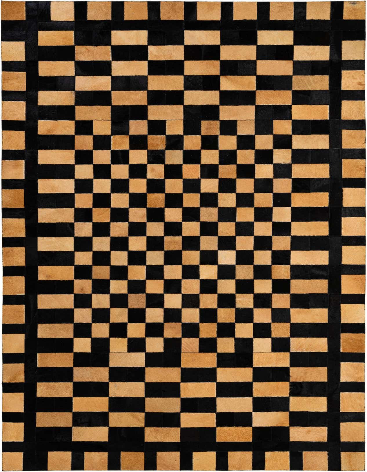 A 5x8 rectangular modern cowhide rug featuring a checkerboard pattern of alternating brown and black patches.