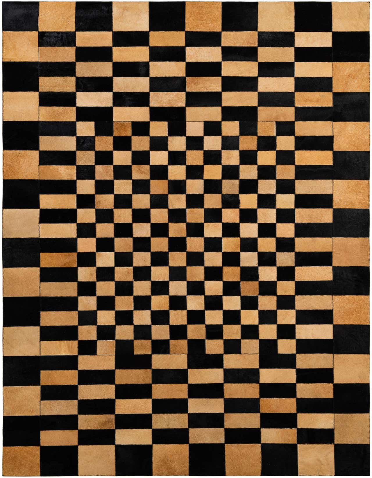 A rectangular 5x8 brown and black modern patchwork cowhide rug, featuring a checkerboard pattern with a central square design.