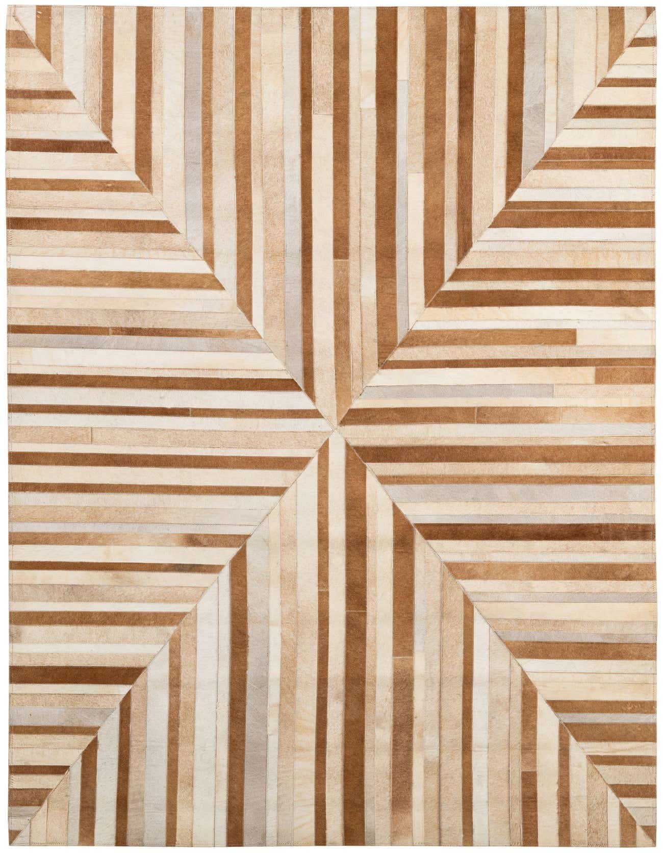 A rectangular 5x8 modern patchwork cowhide rug in varying shades of brown and tan, featuring a dynamic geometric pattern of horizontal and vertical stripes.