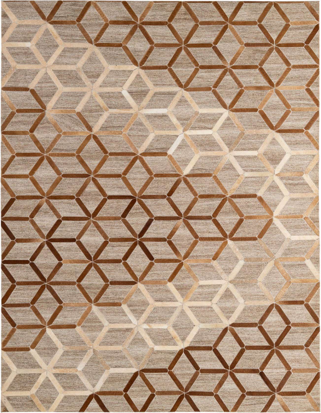 A 5x8 rectangular Cowhide Patchwork rug featuring a modern geometric pattern in varying shades of brown and tan.