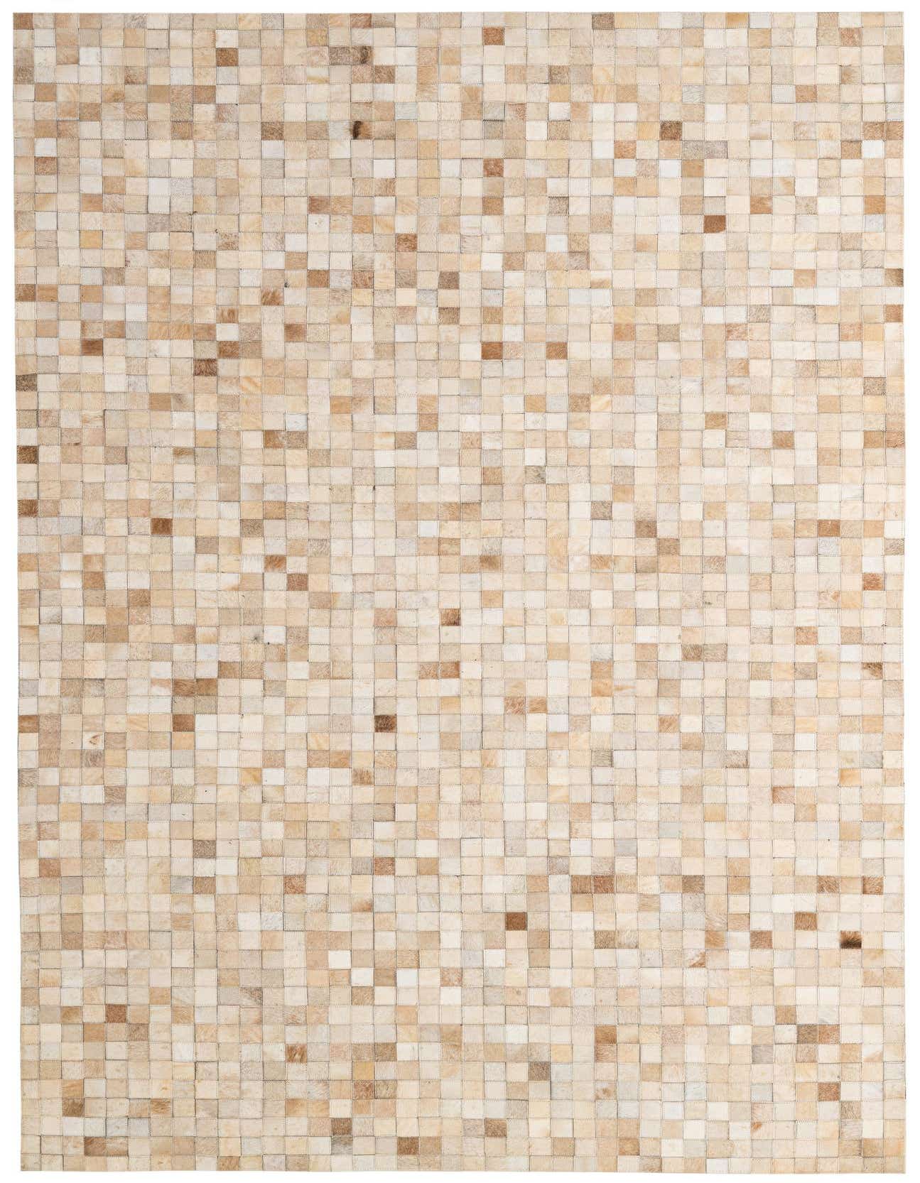 5x8 rectangular Cowhide Patchwork rug featuring a mosaic of varying brown and tan squares, ideal for a modern living room.