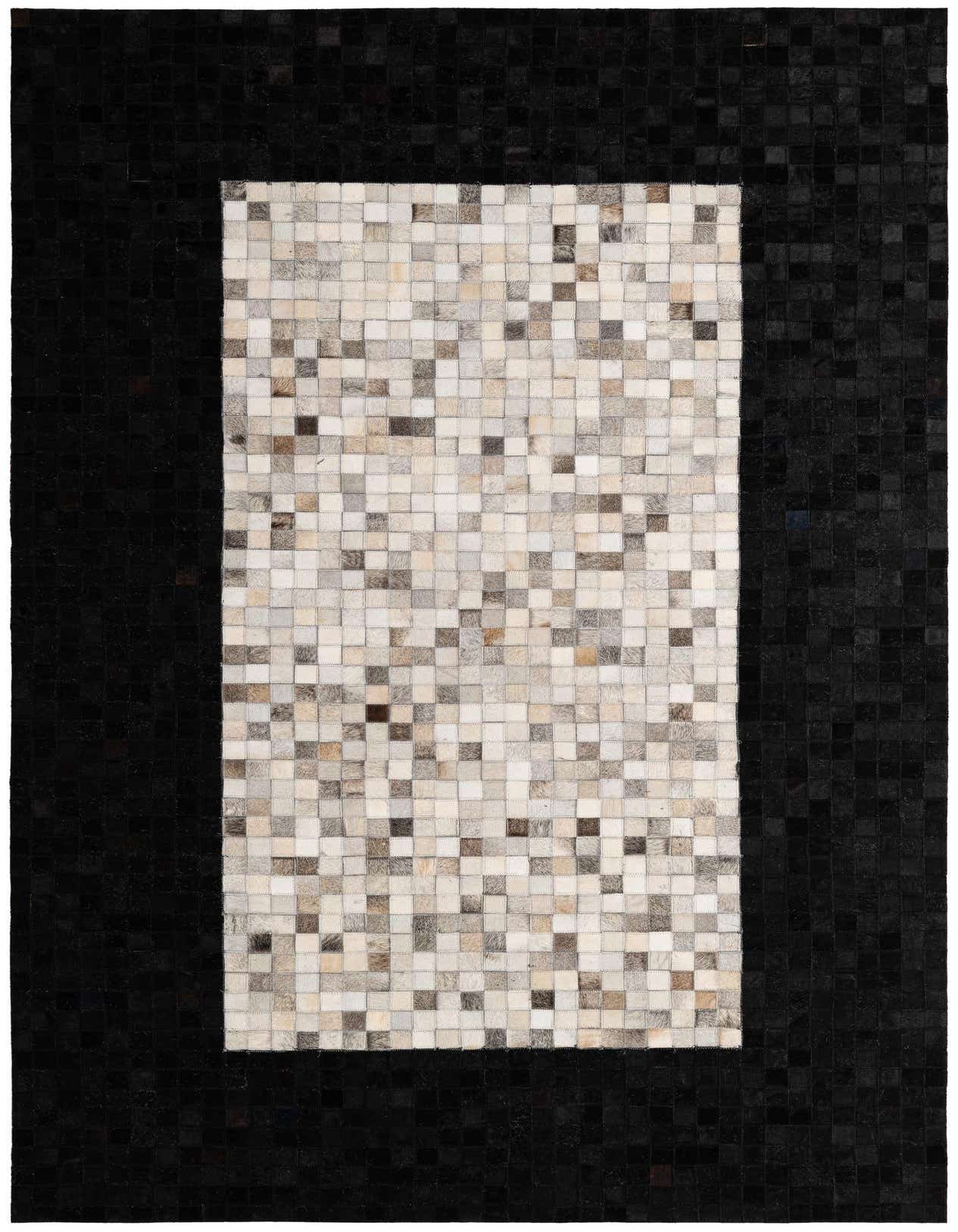A 5x8 rectangular Cowhide Patchwork rug featuring a modern design with a large central panel of brown and tan squares, framed by a solid black border.