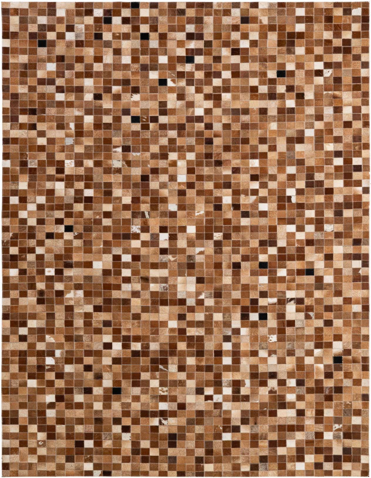 A 5x8 rectangular Cowhide Patchwork rug featuring a modern mosaic of brown and tan squares, ideal for a living room.