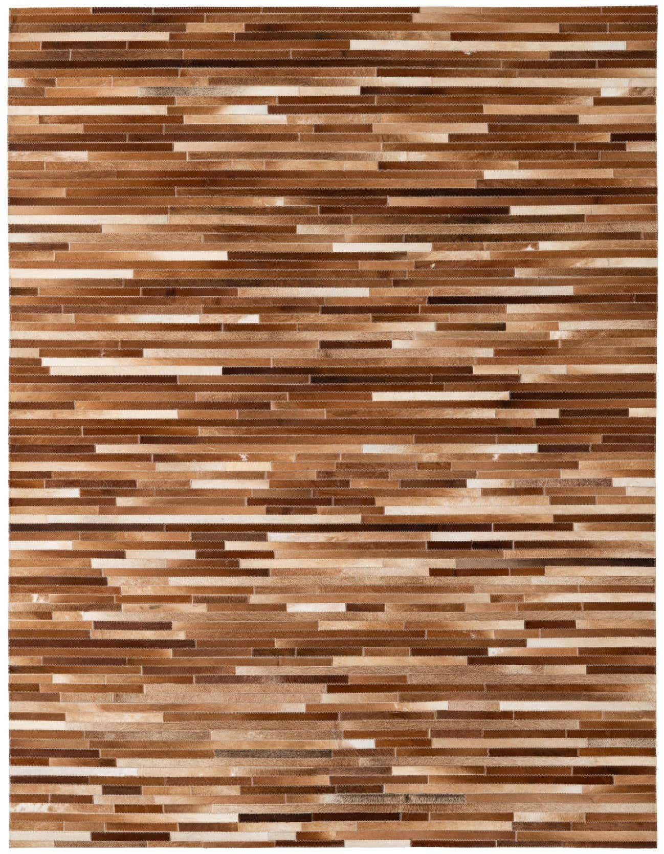 A rectangular 5x8 modern patchwork cowhide rug featuring varying shades of brown and tan strips, hand-stitched together.