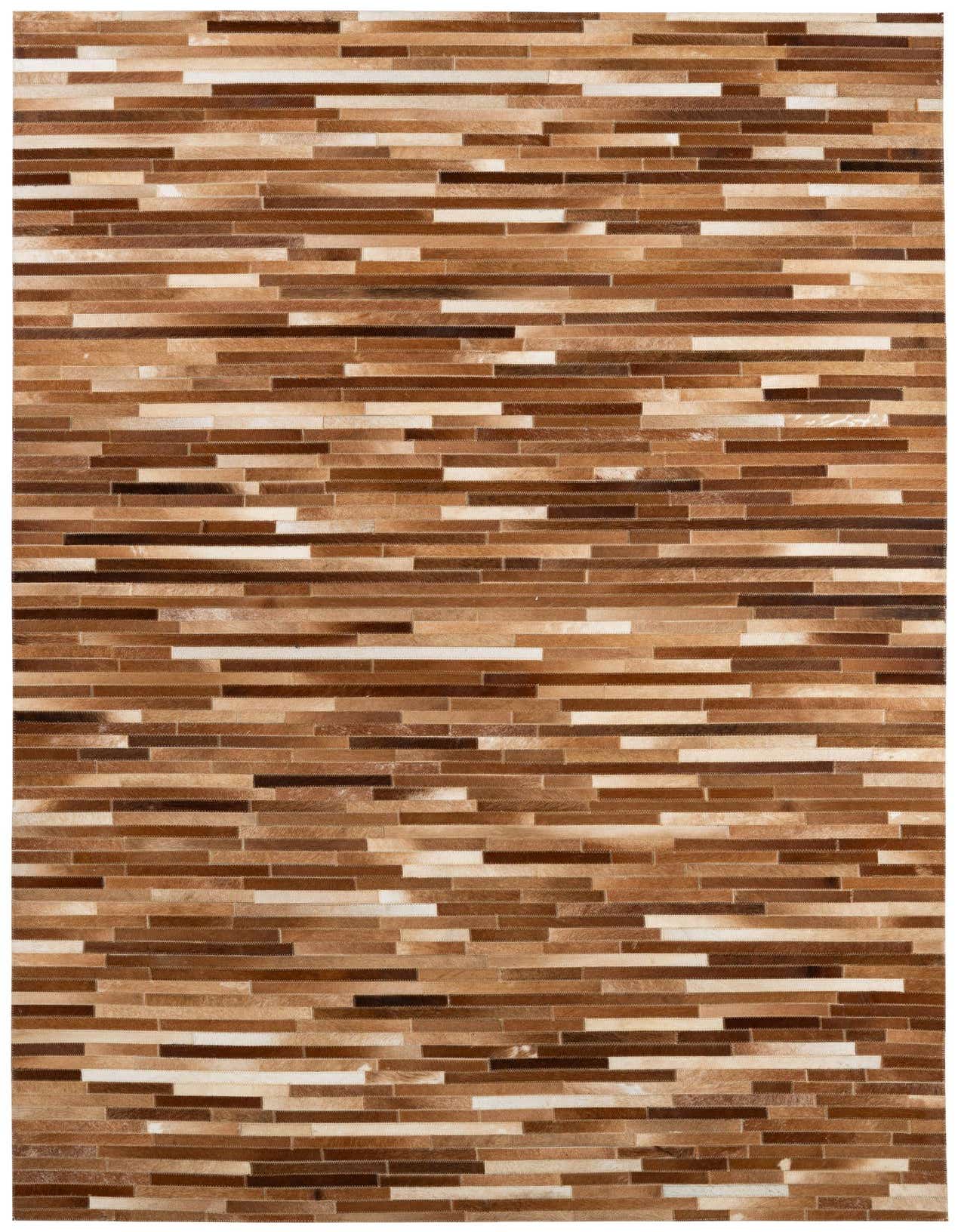 A rectangular 5x8 Cowhide Patchwork rug featuring horizontal strips of brown and tan cowhide in varying shades, creating a modern, textured pattern.