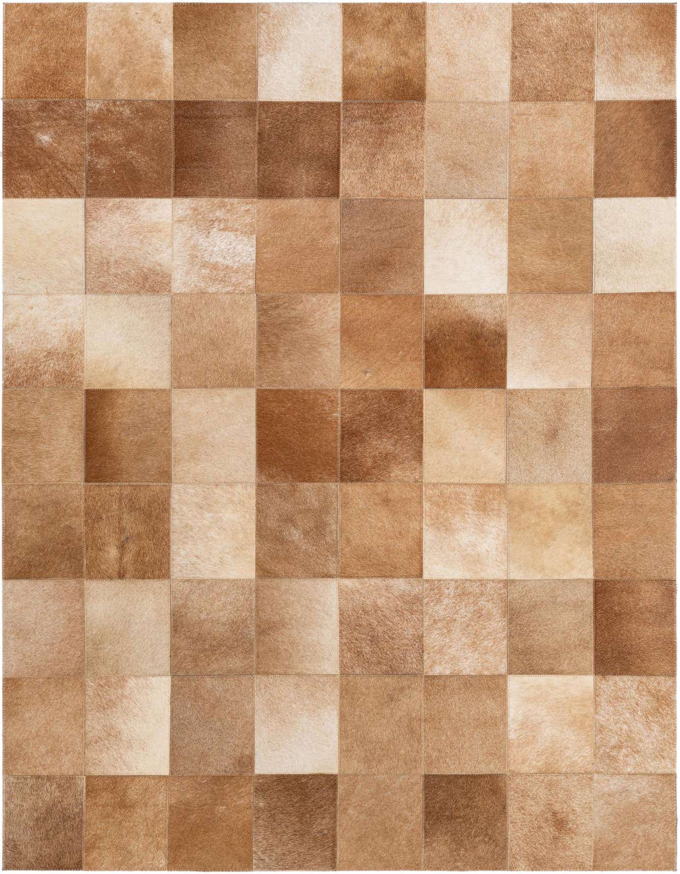 A 4x6 rectangular Cowhide Patchwork rug featuring varying shades of brown and tan squares, ideal for a modern living room.
