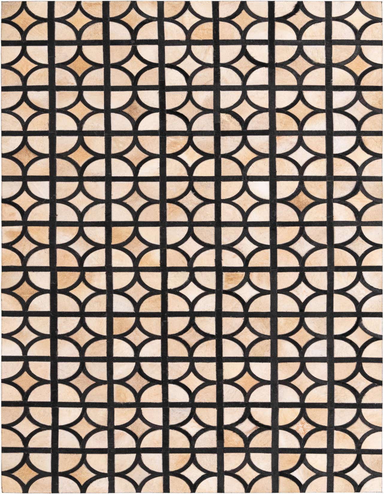 A 5x8 rectangular Cowhide & Leather rug featuring a modern geometric pattern of tan and brown semicircles and squares outlined in black.