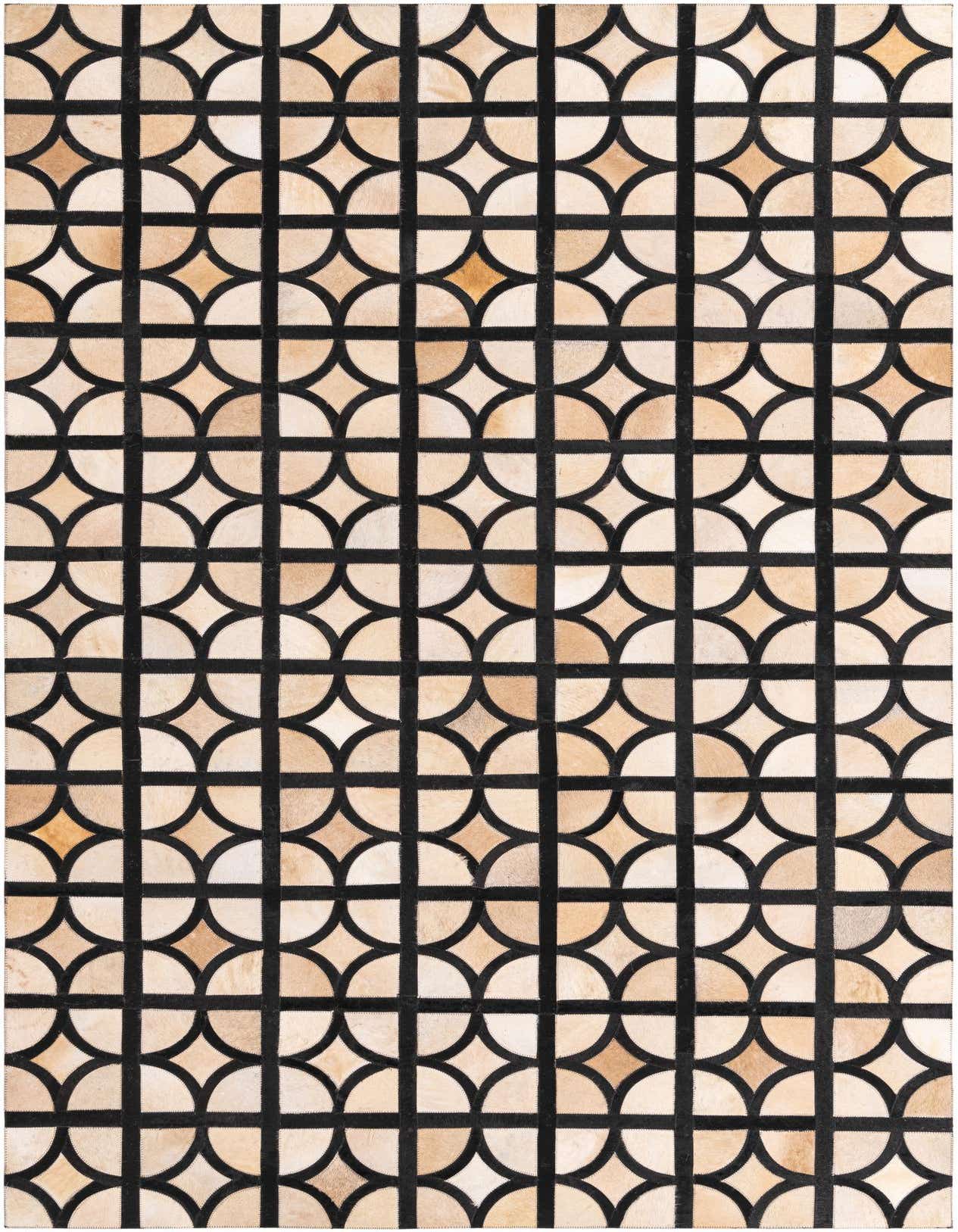 A 5x8 rectangular Cowhide Leather rug featuring a modern geometric pattern of tan and brown semicircles and squares on a black grid.
