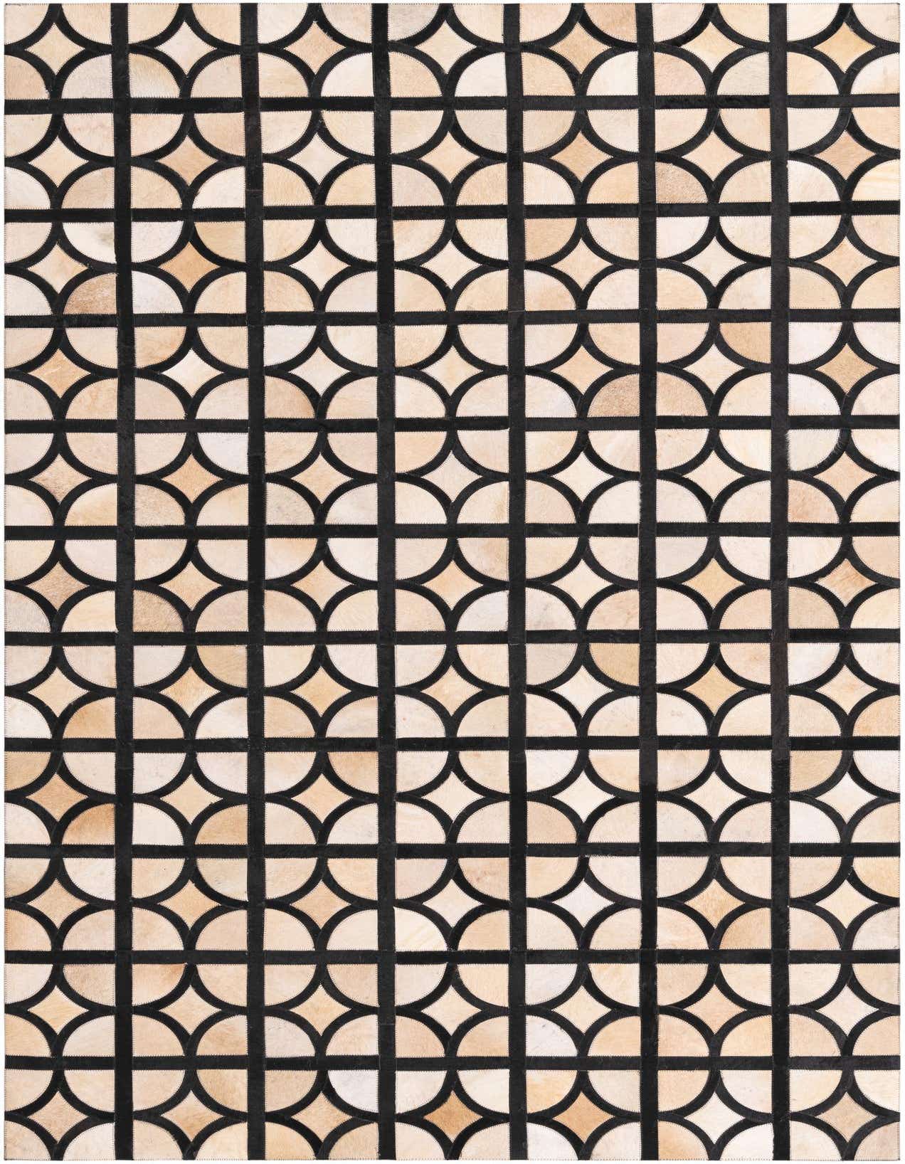 A rectangular 5x8 modern cowhide rug featuring a geometric pattern of tan and brown semicircles and quarter circles outlined by dark leather strips.