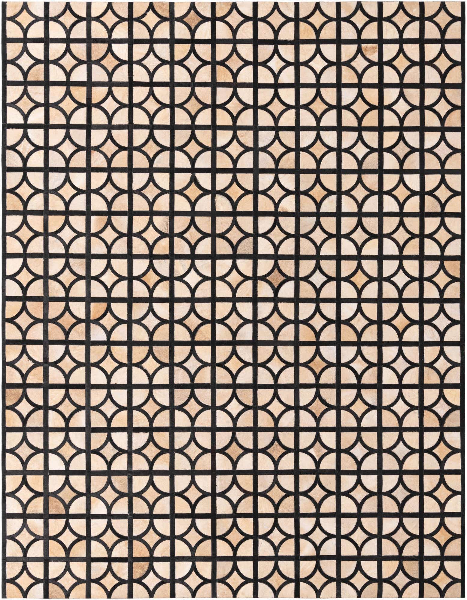 A rectangular 8x10 Cowhide Leather rug featuring a modern geometric pattern of interlocking black lines over varying shades of brown and tan cowhide.