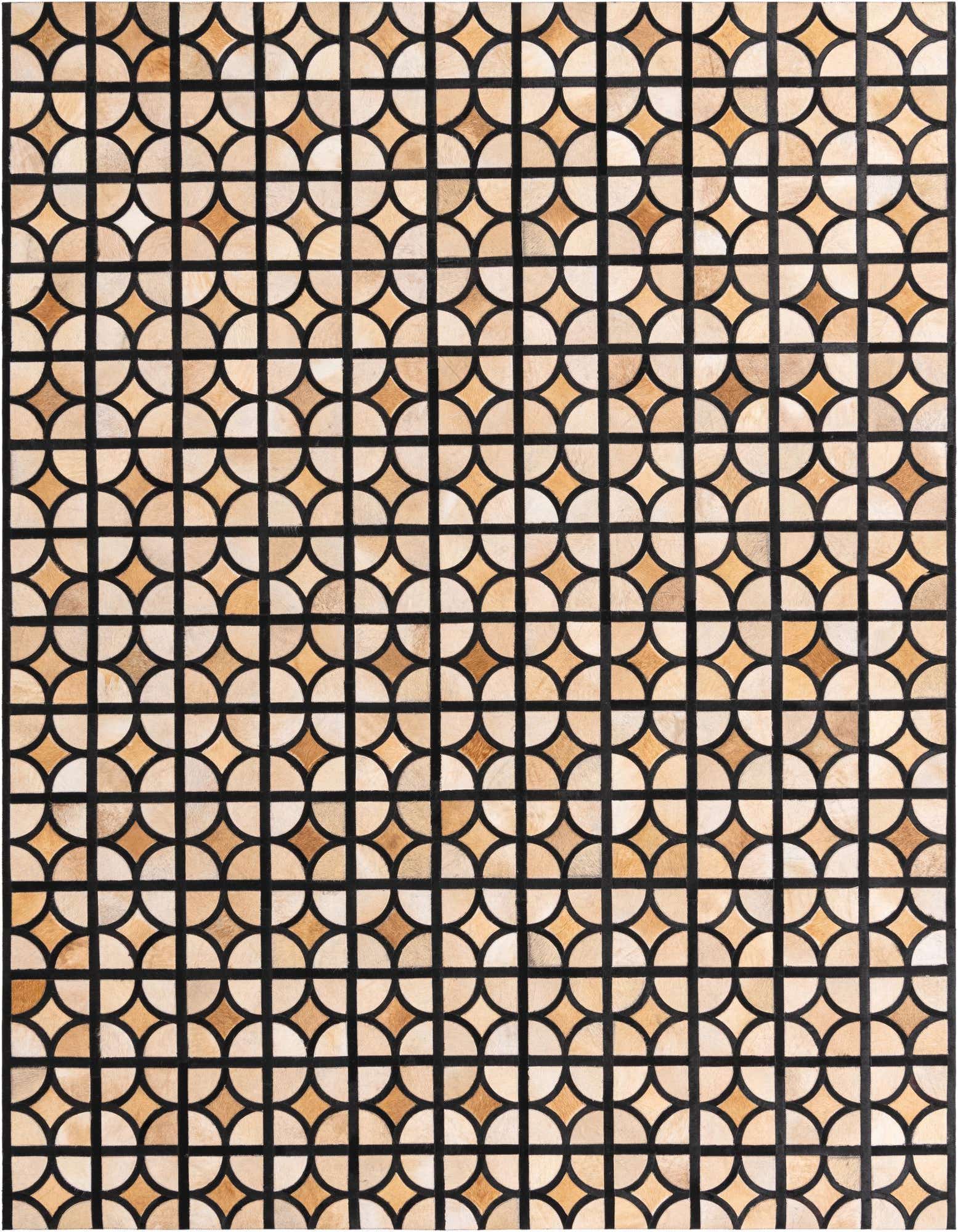 A rectangular 8x10 Cowhide Leather rug featuring a modern geometric pattern of tan and brown semicircles and diamonds against a dark grid.