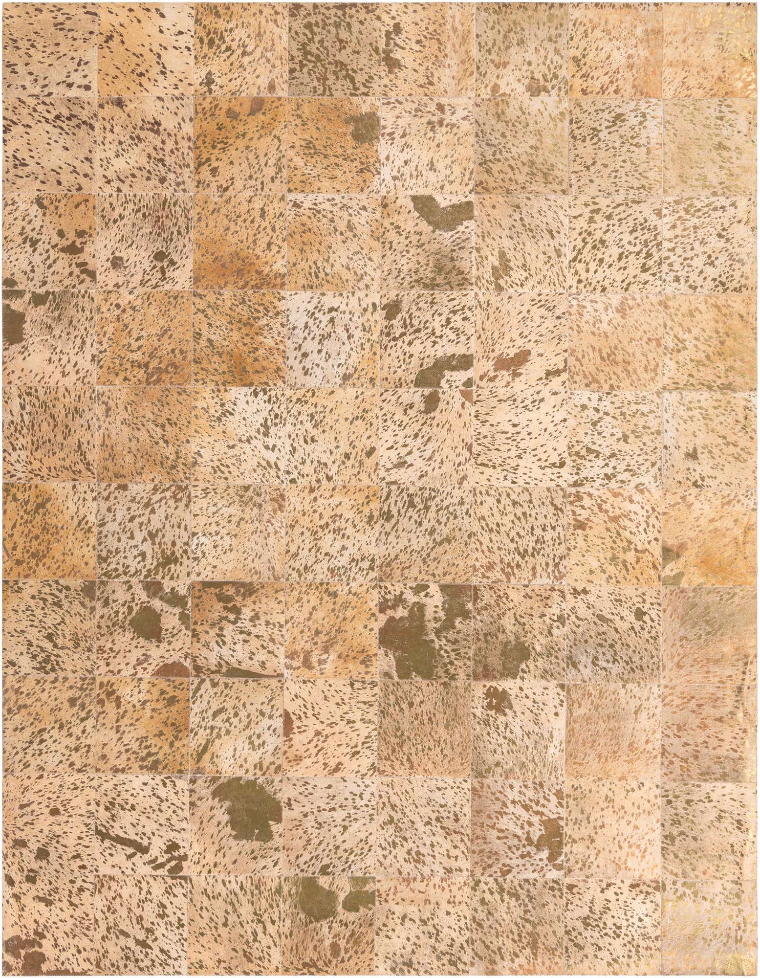 A rectangular 8x10 Cowhide Leather rug featuring a modern patchwork design in varying shades of brown and tan.