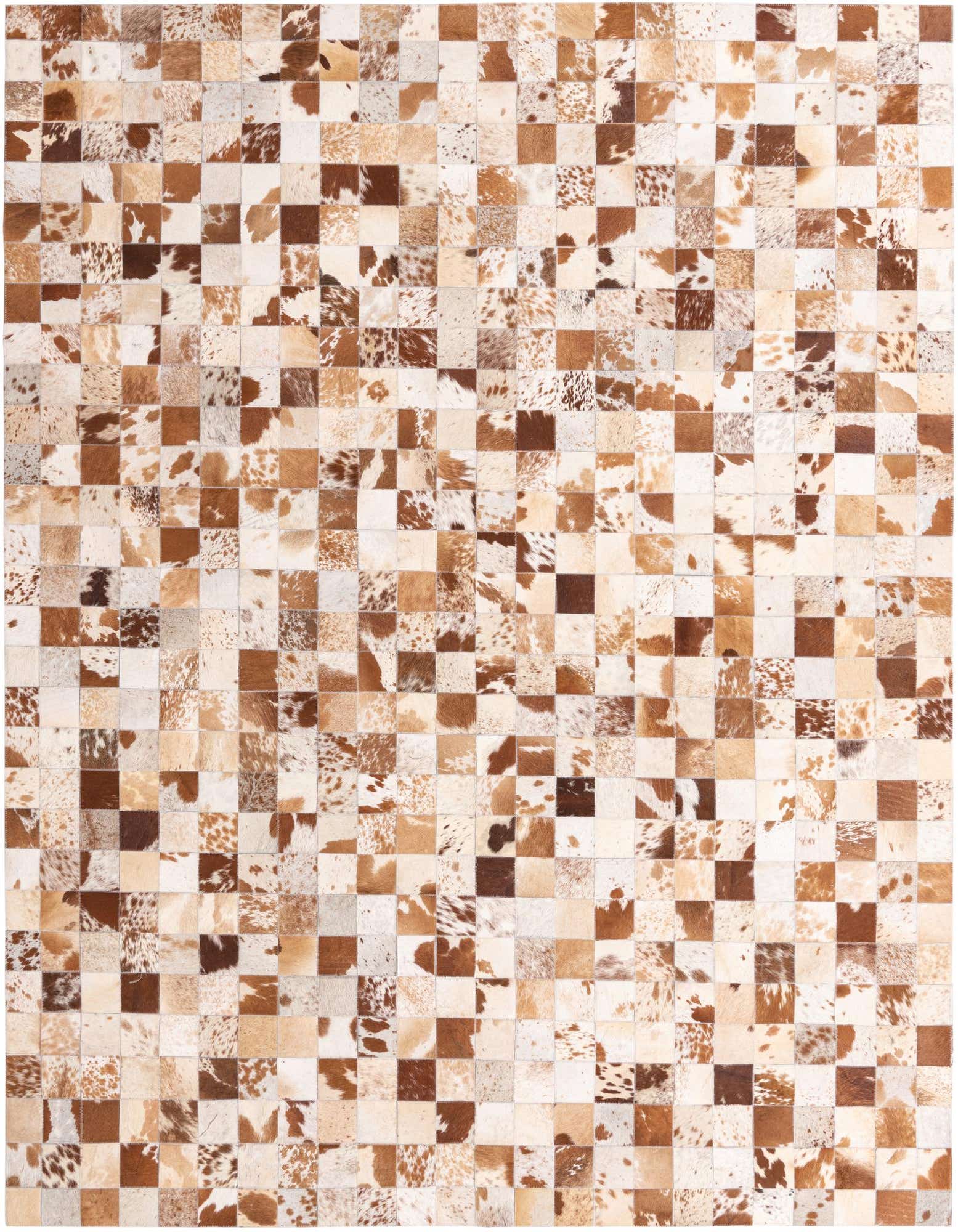 A rectangular 8x10 Cowhide Leather rug featuring a modern checkered pattern in various shades of brown and tan.