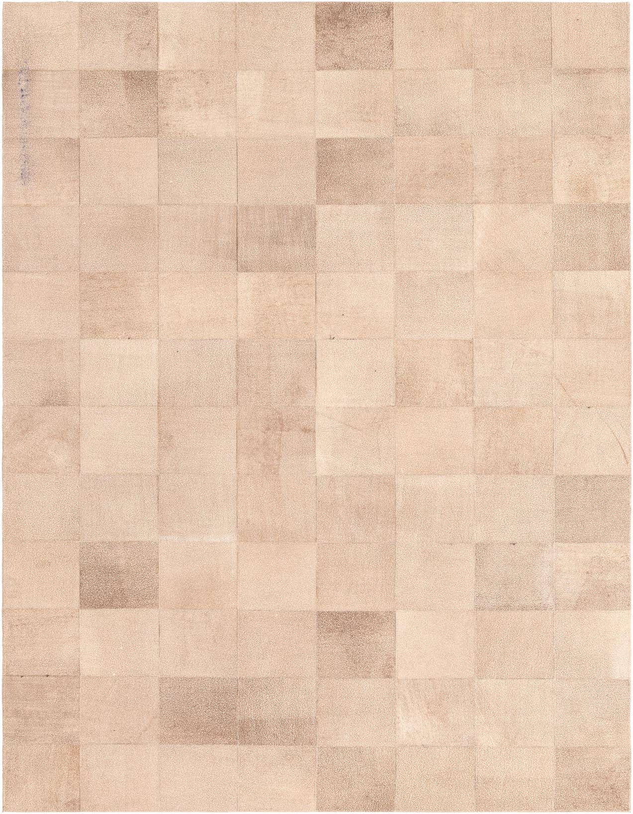 A 5x8 rectangular Cowhide Leather rug featuring a modern patchwork design in varying shades of brown and tan.