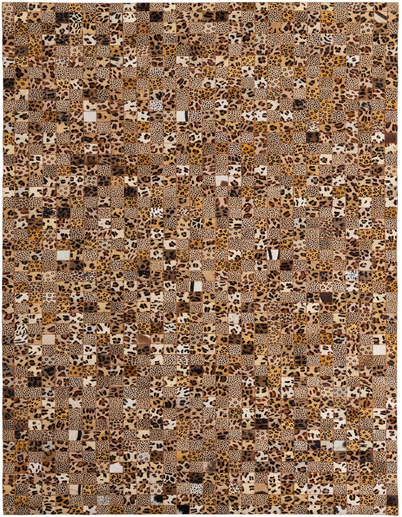 A rectangular 5x8 modern rug made from a patchwork of brown and tan cowhide and leather squares, featuring varied leopard print patterns.