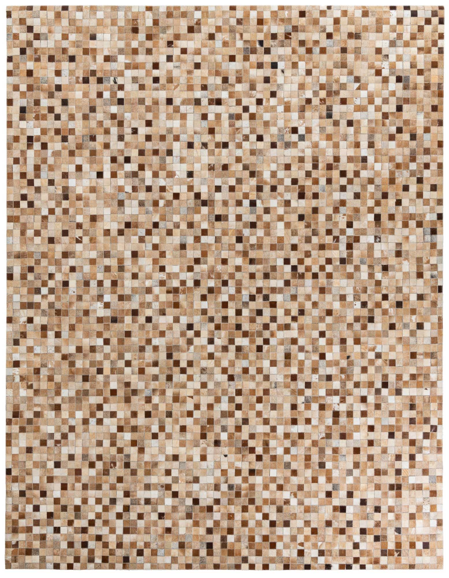 A rectangular 8x10 Cowhide Leather rug featuring a modern mosaic pattern of various brown and tan squares.