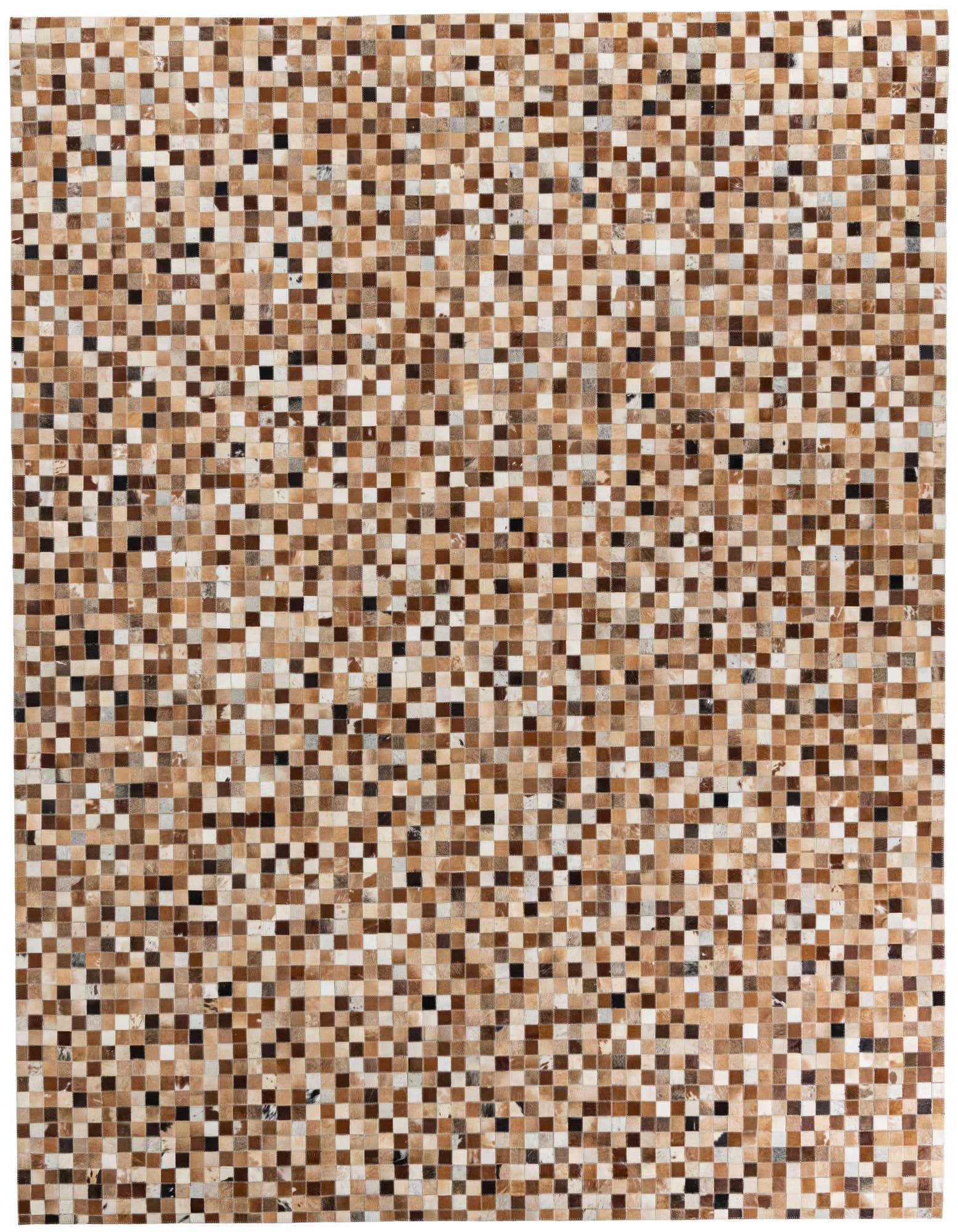A rectangular 8x10 Cowhide Leather rug featuring a modern, abstract mosaic pattern of various brown and tan squares.