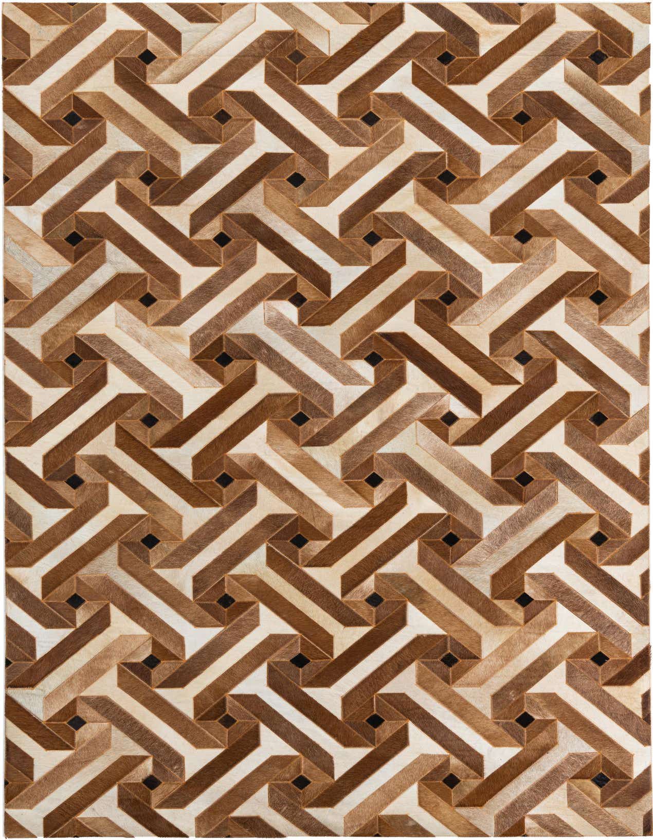 A rectangular 5x8 brown and tan cowhide rug with a modern, abstract geometric pattern, perfect for a living room.