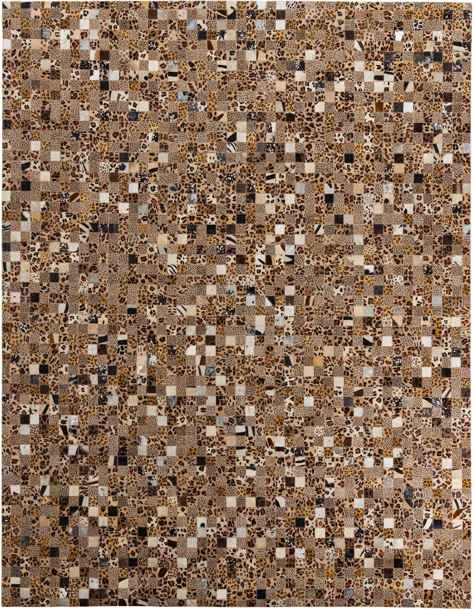 A rectangular 8x10 modern rug featuring a mosaic of brown and tan cowhide and leather patches, perfect for a living room.
