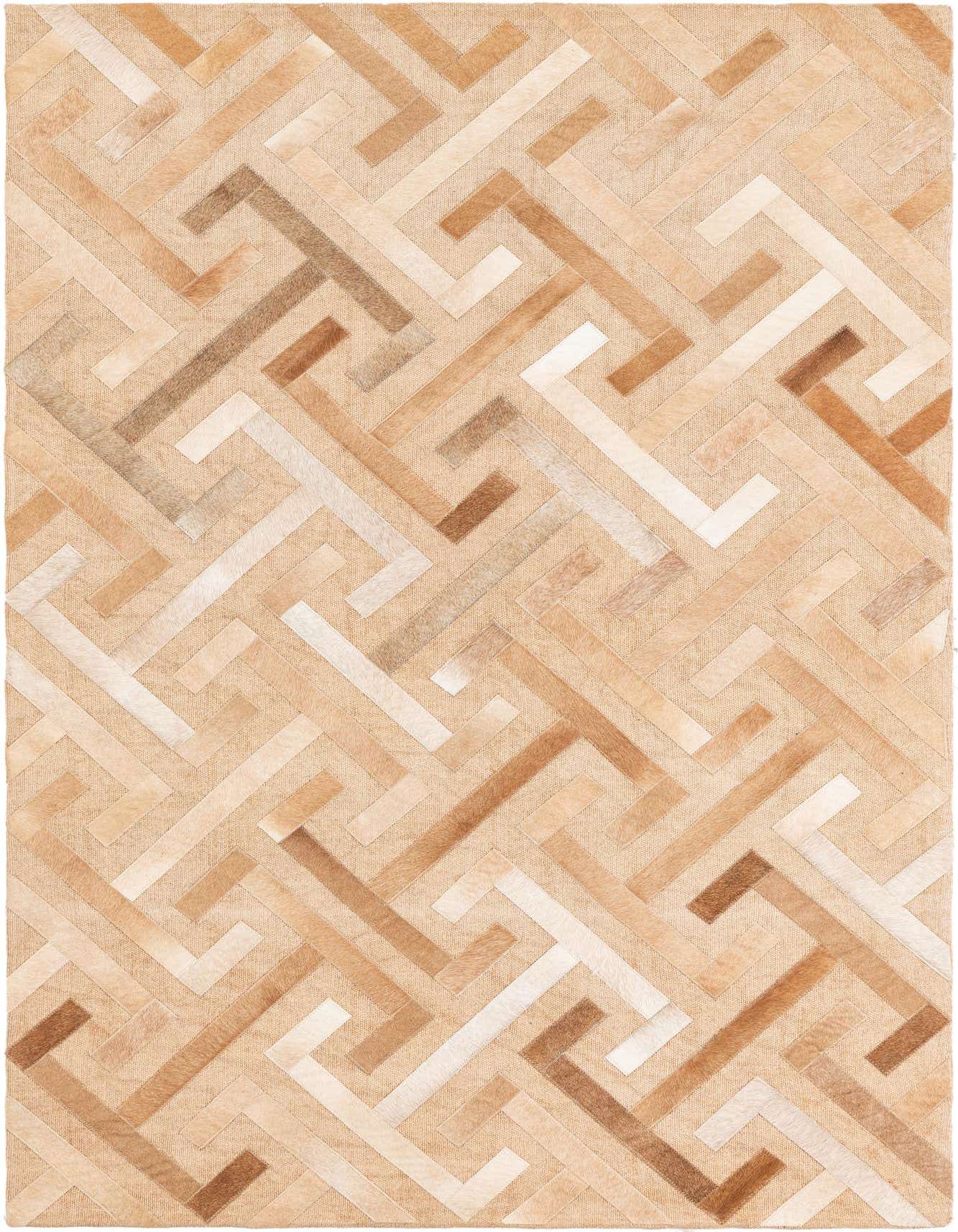 A 4x6 rectangular Cowhide Leather rug featuring a modern, abstract maze-like pattern in various shades of brown and tan.