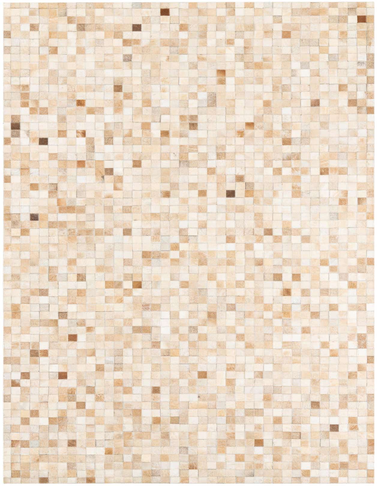 A 5x8 rectangular Cowhide & Leather rug featuring a modern, abstract pattern of varying brown and tan squares.