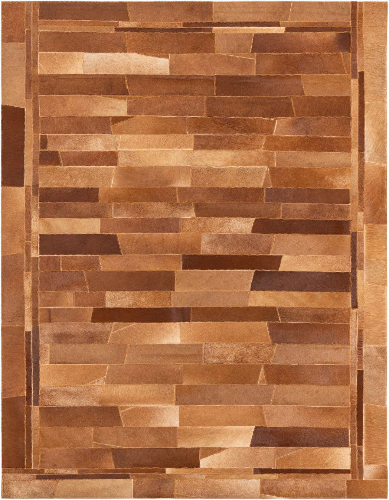 A 5x8 rectangular Cowhide Leather rug featuring a modern, abstract patchwork of varying brown and tan shades, perfect for a living room.