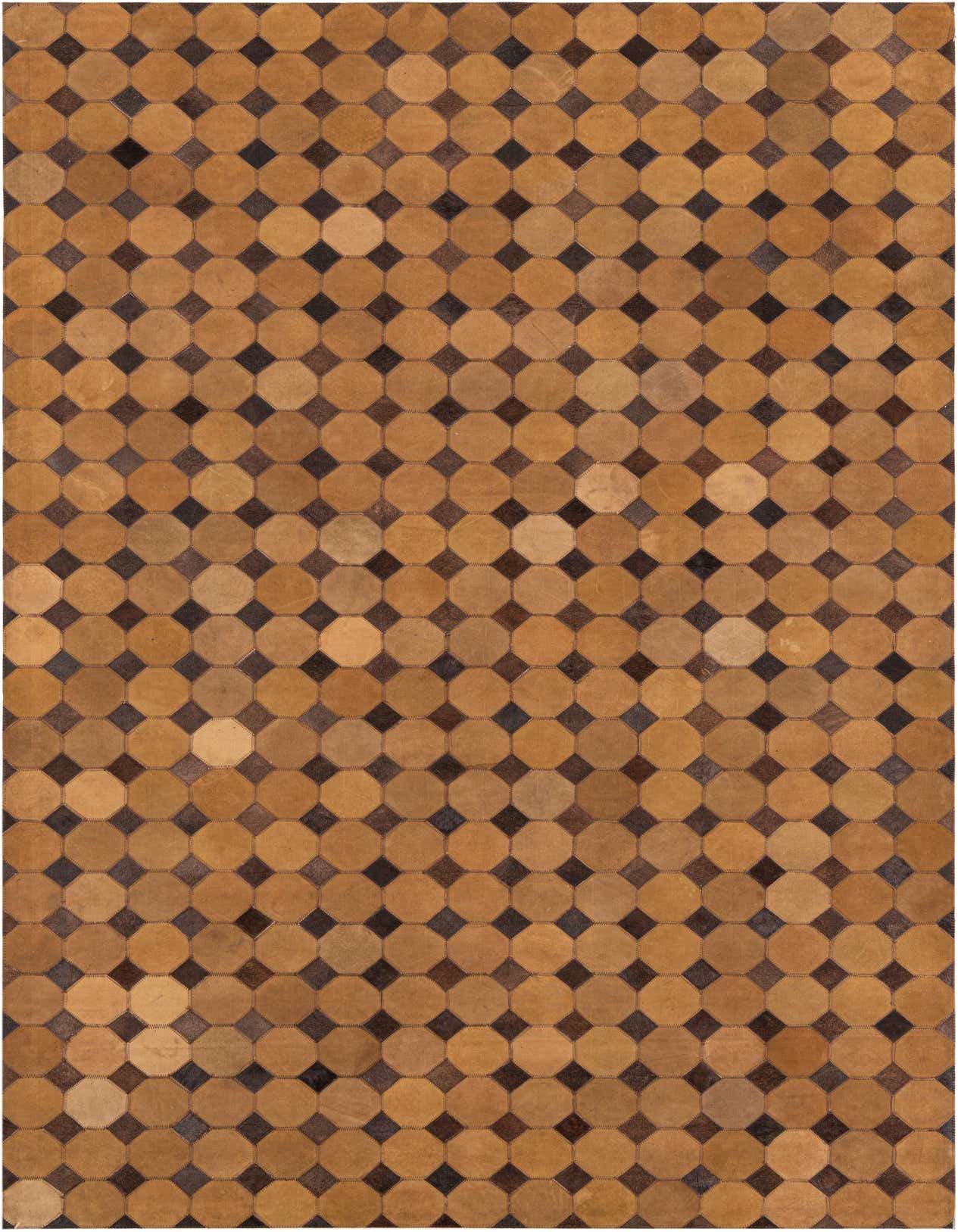 A 5x8 rectangular Cowhide Leather rug featuring an abstract pattern of octagonal brown and tan patches with smaller dark brown square patches.