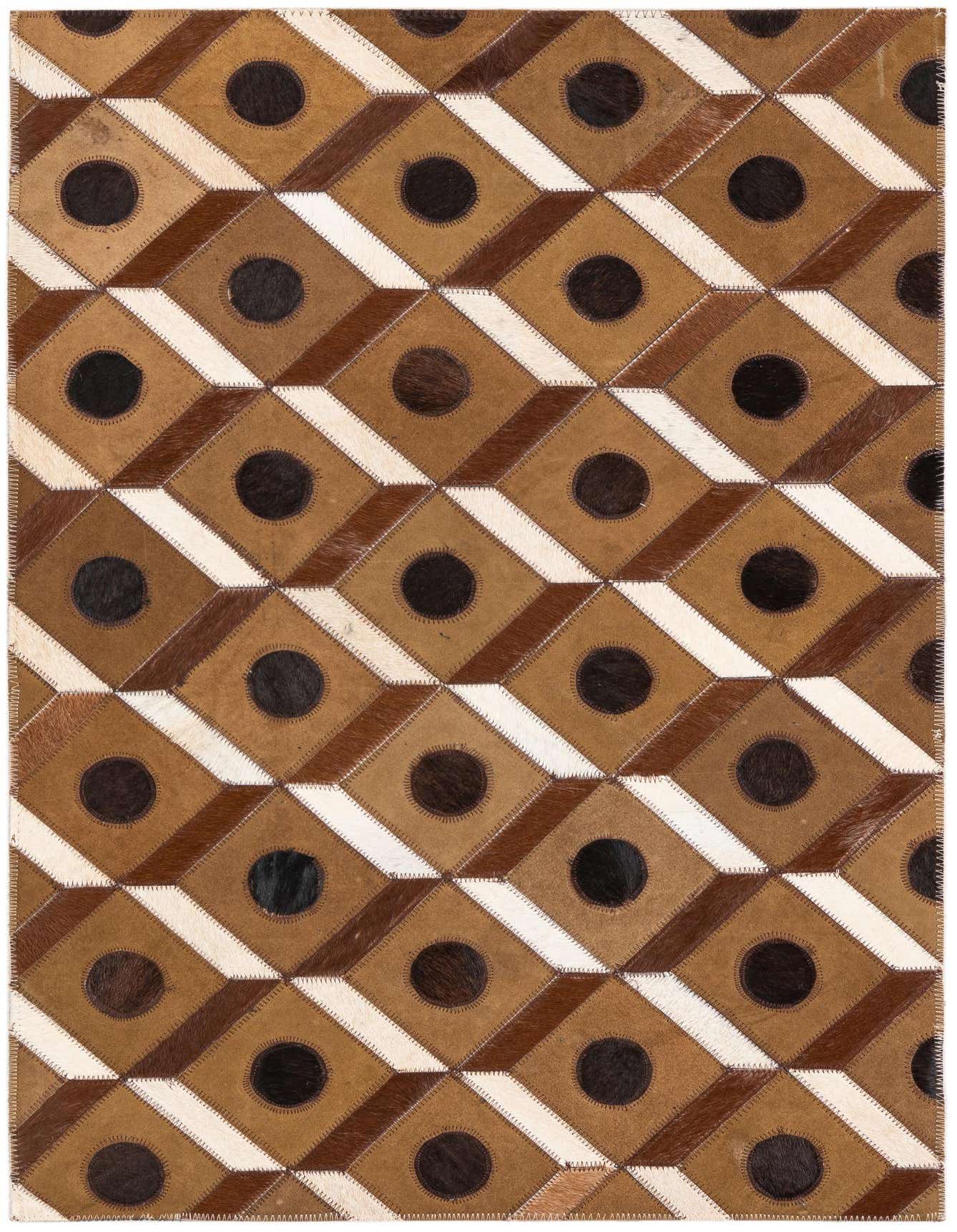 A rectangular 2x3 Cowhide Leather rug featuring a modern geometric pattern in various shades of brown, tan, and cream, with dark brown circular accents.