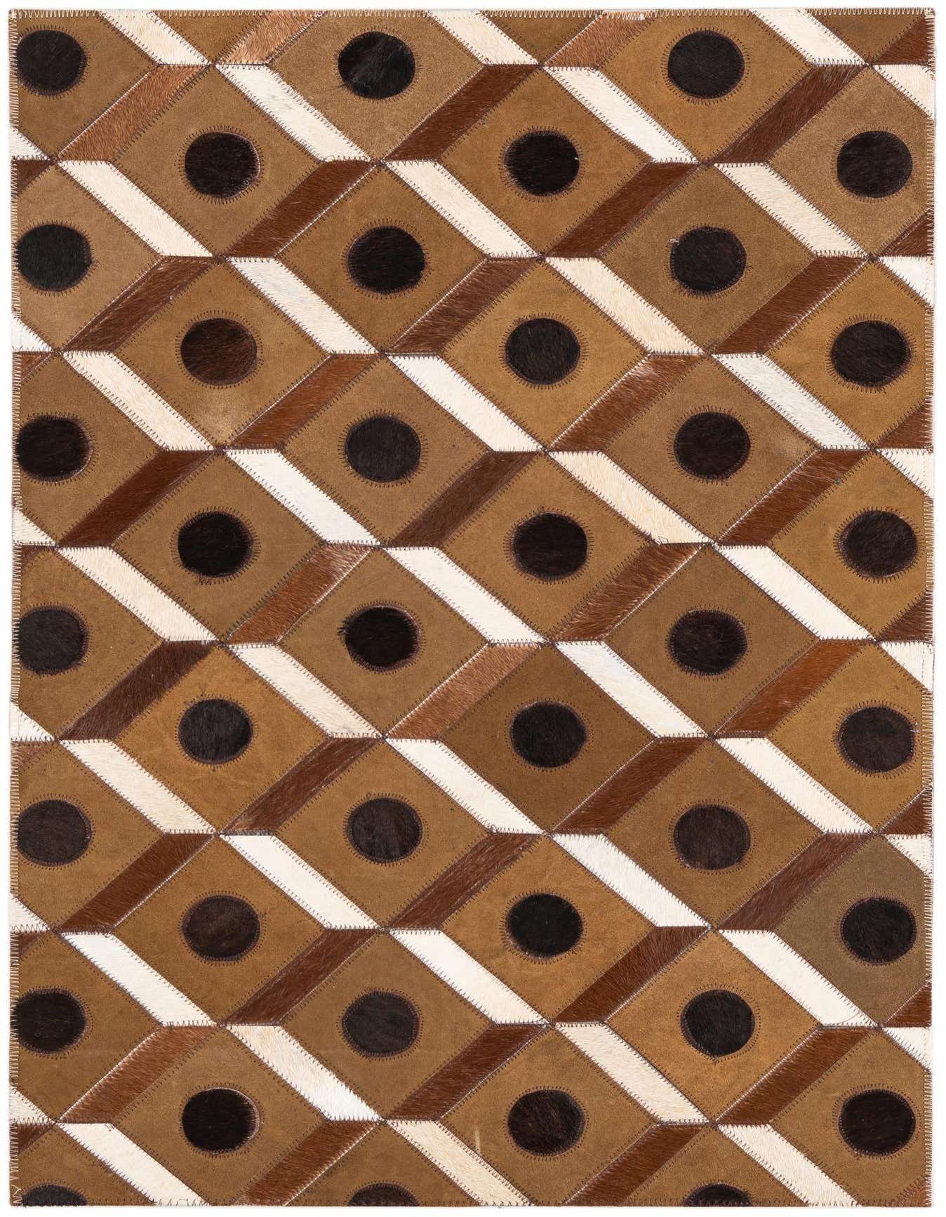 A 2x3 rectangular brown and tan cowhide rug with a modern geometric pattern, featuring dark brown circles within diamond shapes, ideal for a kitchen or entryway.