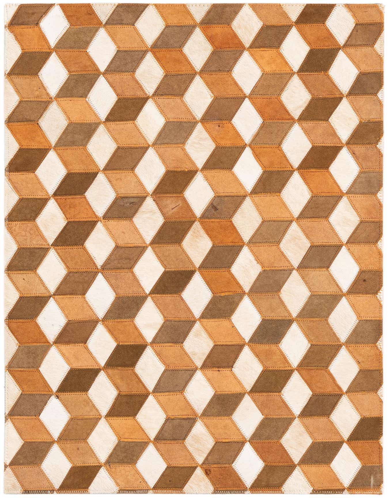 A 2x3 rectangular Rugs.com Cowhide Leather rug featuring a modern abstract geometric cube pattern in varying shades of brown, tan, and cream.