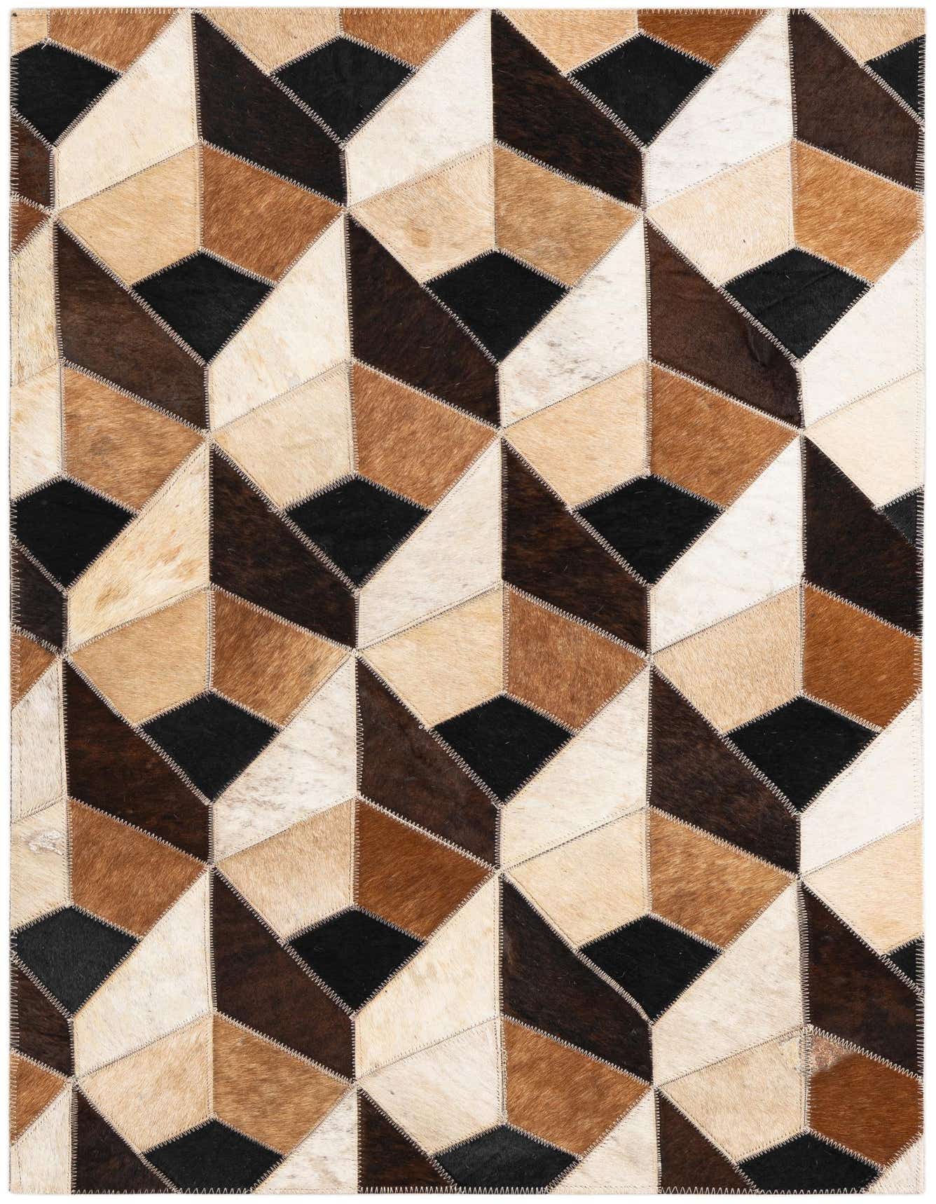 A 2x3 rectangular Cowhide Leather rug featuring a modern geometric pattern in various shades of brown, tan, and black.