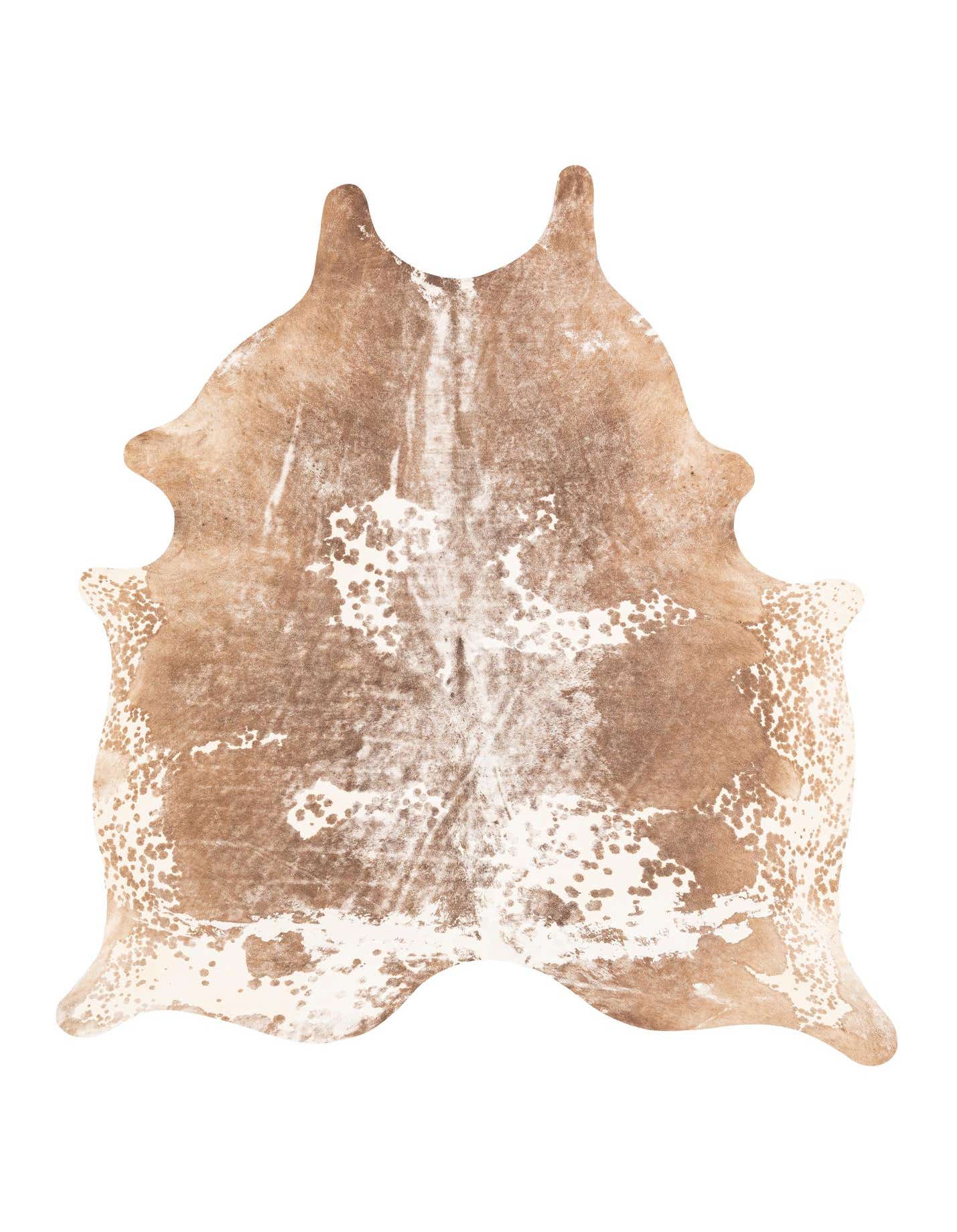 A 5x7 rectangular cowhide rug in shades of brown and tan with an abstract, natural pattern, ideal for a modern living space.