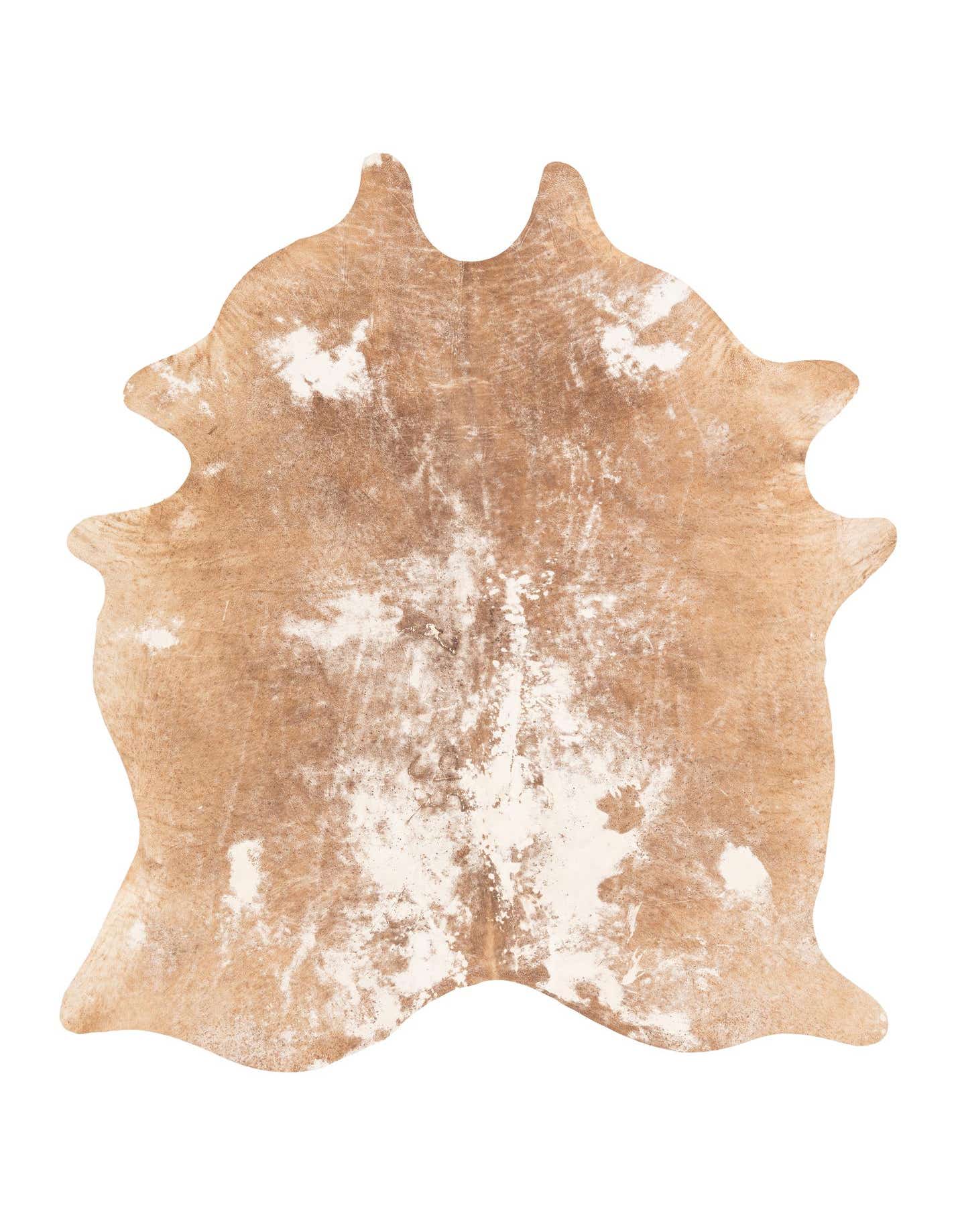 A 5x7 rectangular cowhide rug in varying shades of brown and tan with natural white markings, showcasing its unique shape and flat pile.