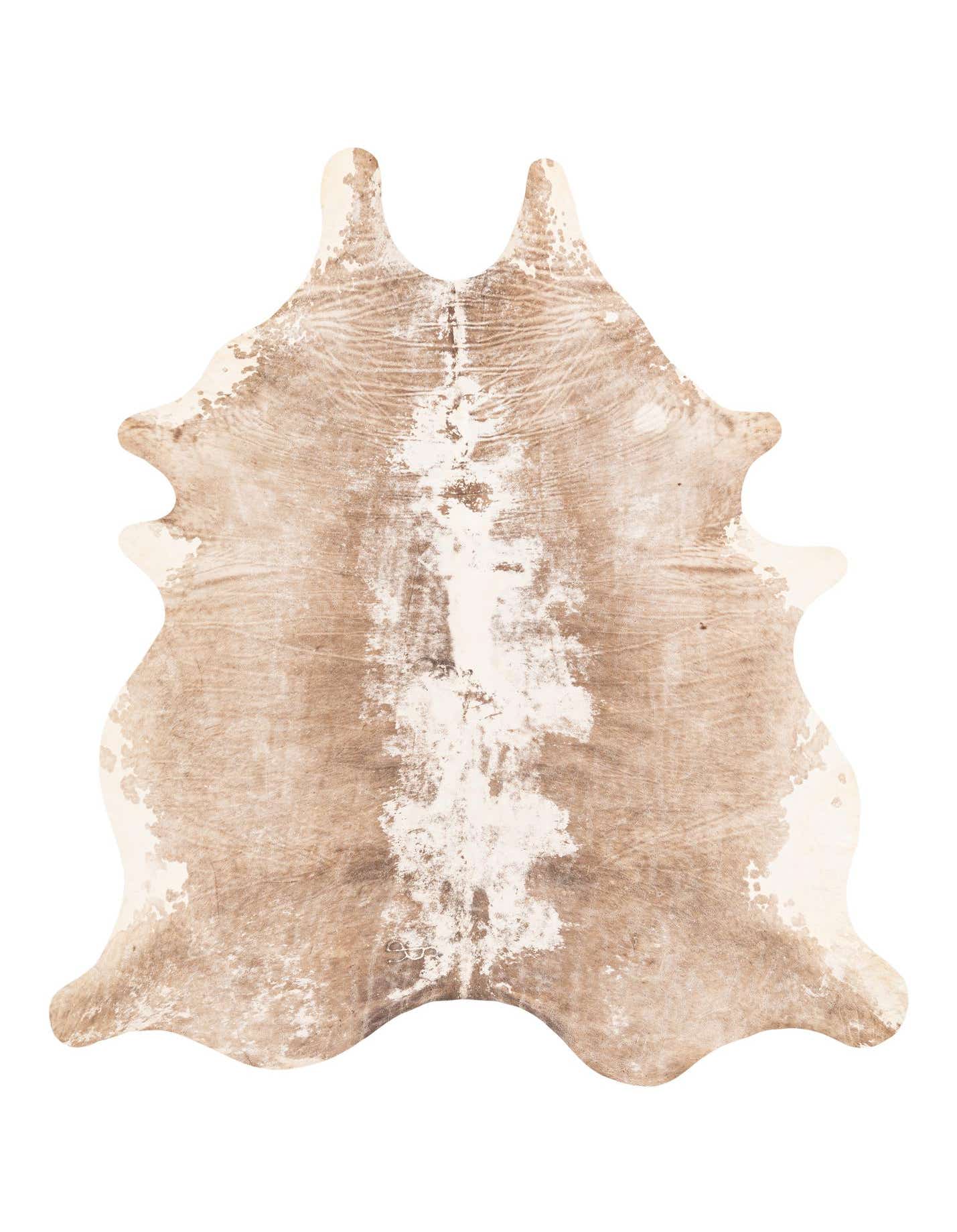 A 5x7 rectangular Cowhide Leather rug in shades of brown and tan with an abstract, natural pattern.