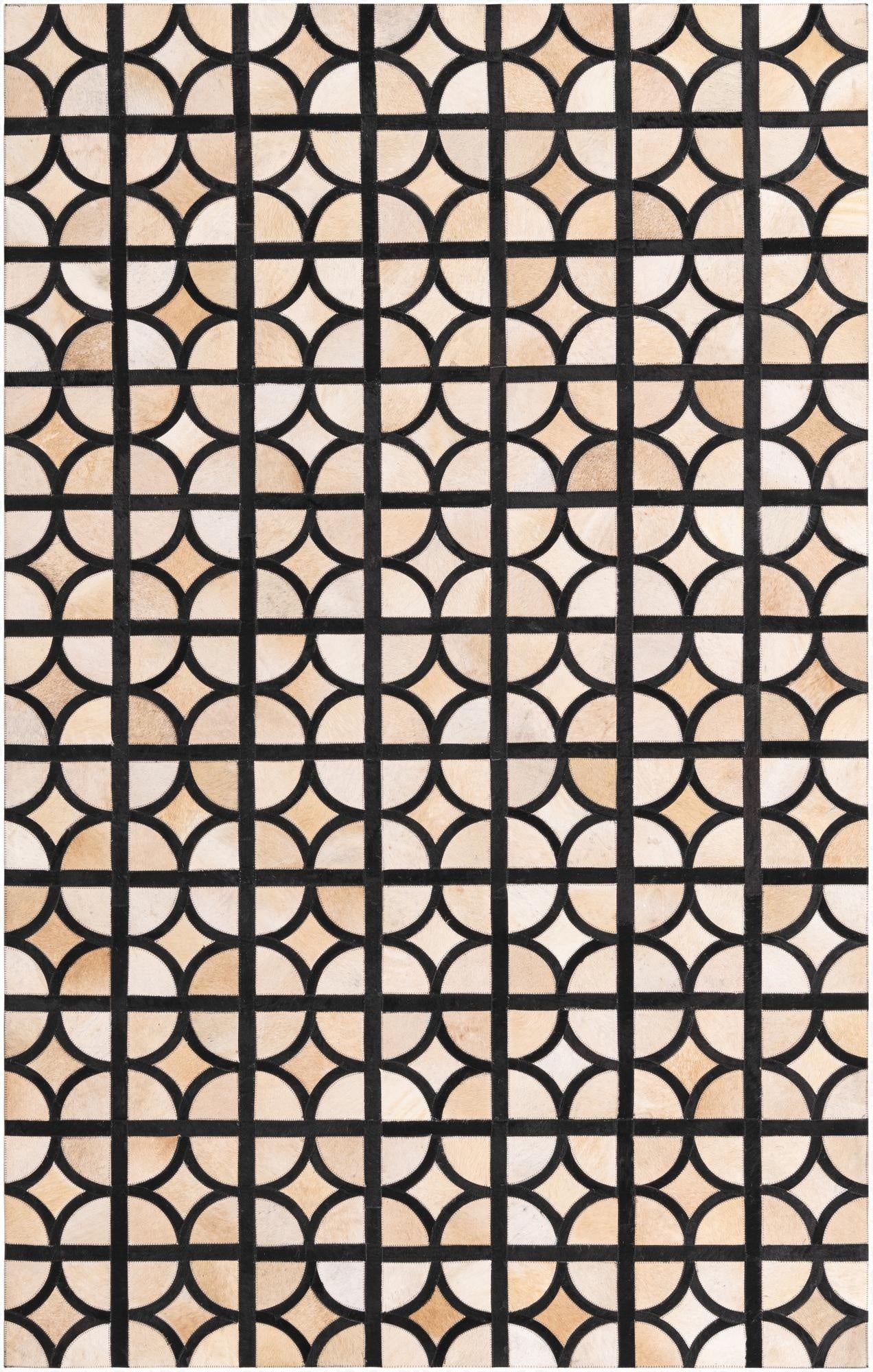 A rectangular 5x8 modern cowhide rug featuring a geometric pattern of tan and brown semicircles and quarter circles outlined by dark leather strips.