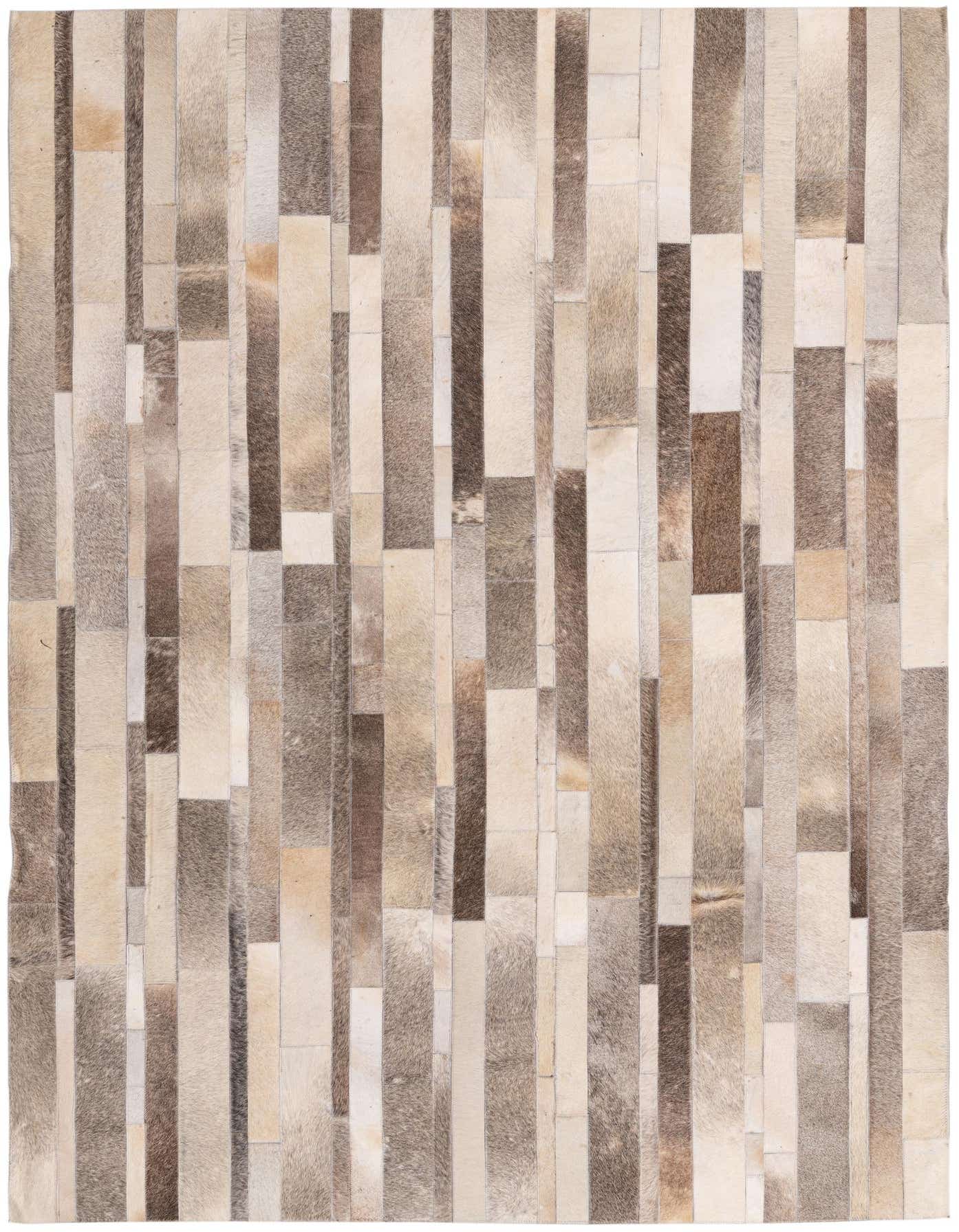 A rectangular 5x8 Cowhide rug featuring a modern stripe pattern in varying shades of brown and tan.