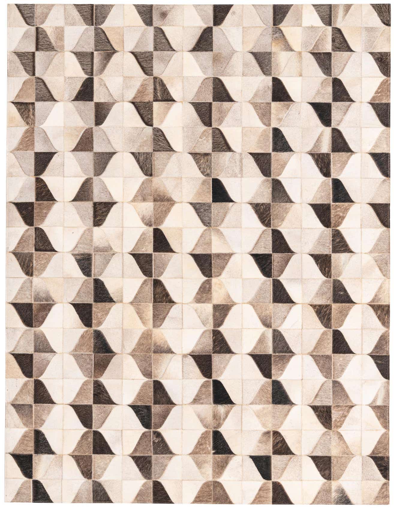 A 5x8 rectangular Cowhide rug with a modern geometric pattern in varying shades of brown, tan, and cream.