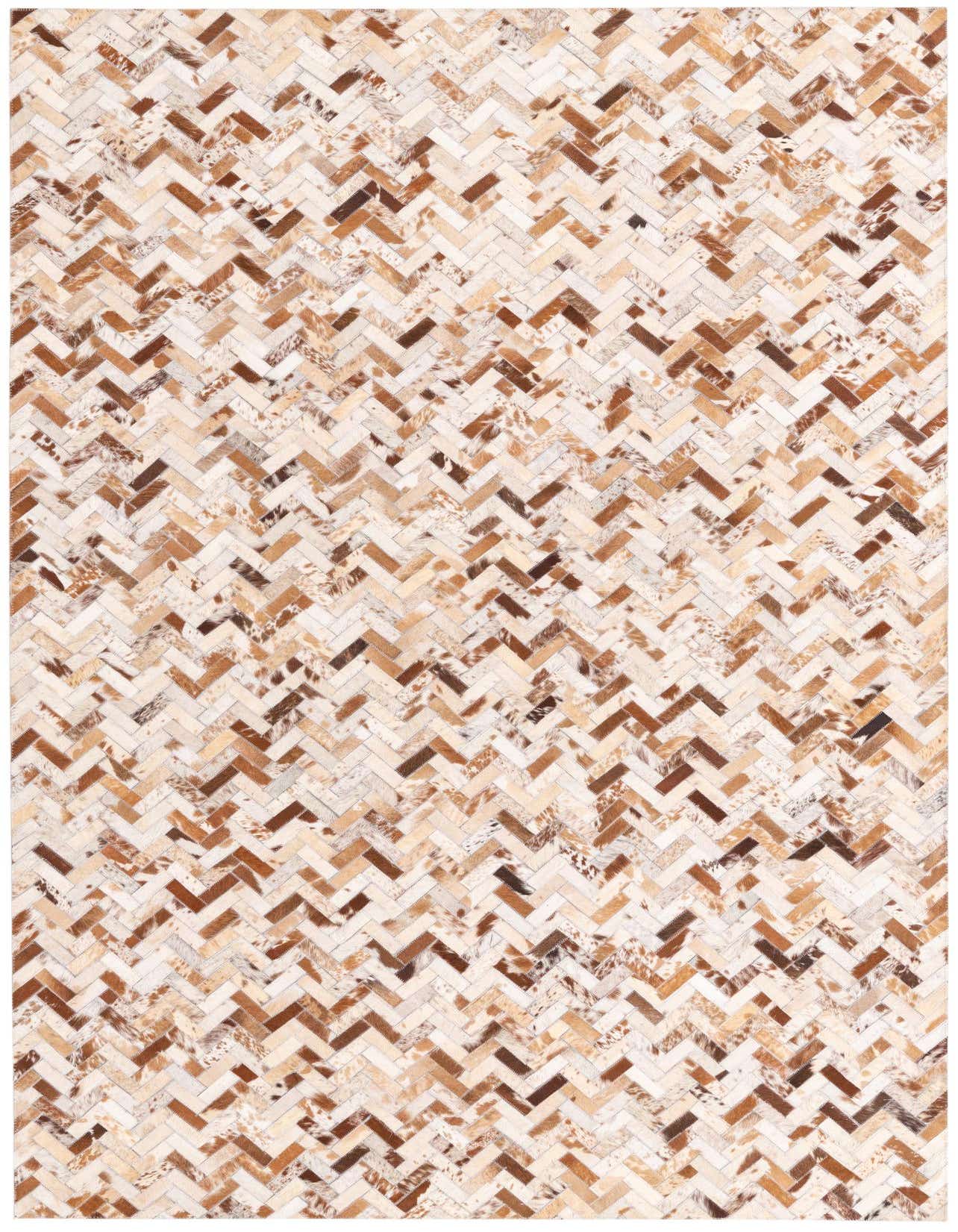 A 5x8 rectangular cowhide rug featuring a modern herringbone pattern in varying shades of brown and tan.