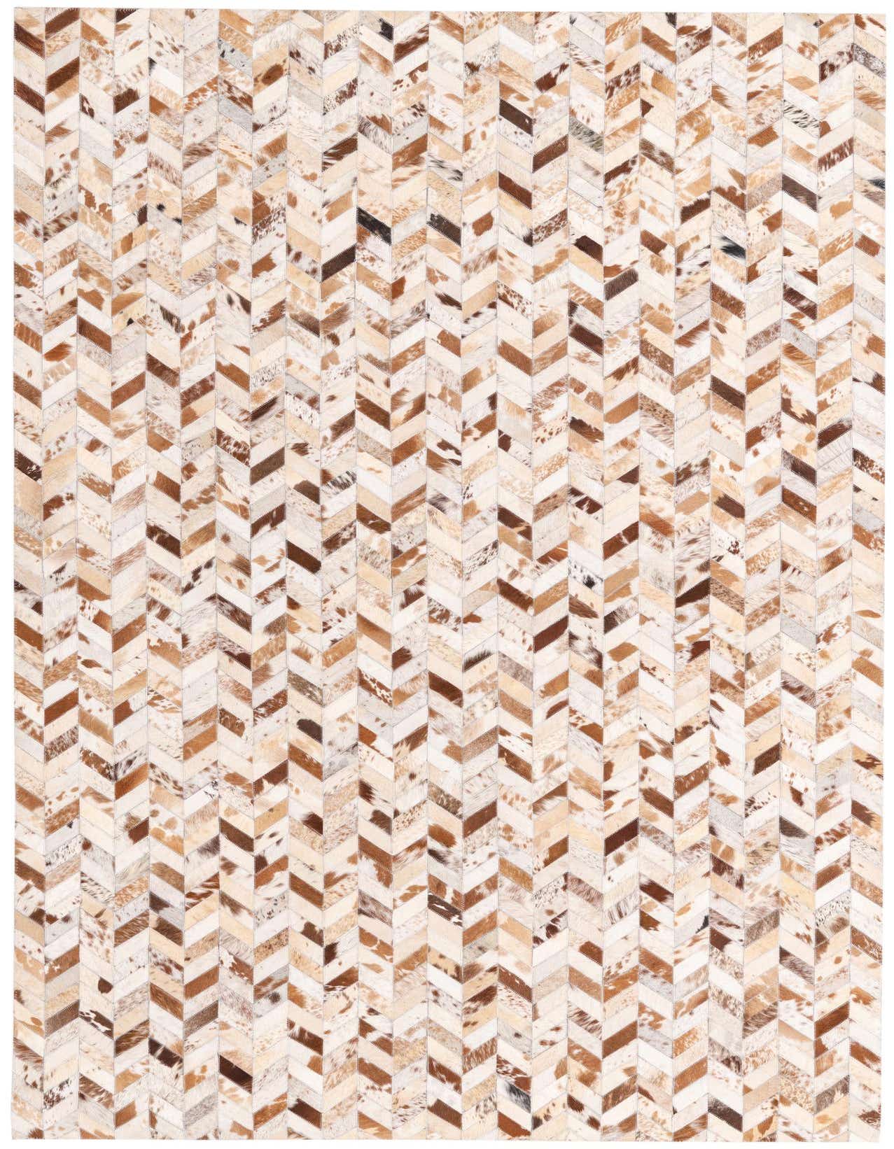 A 5x8 rectangular Cowhide rug featuring a modern chevron pattern in various shades of brown and tan.