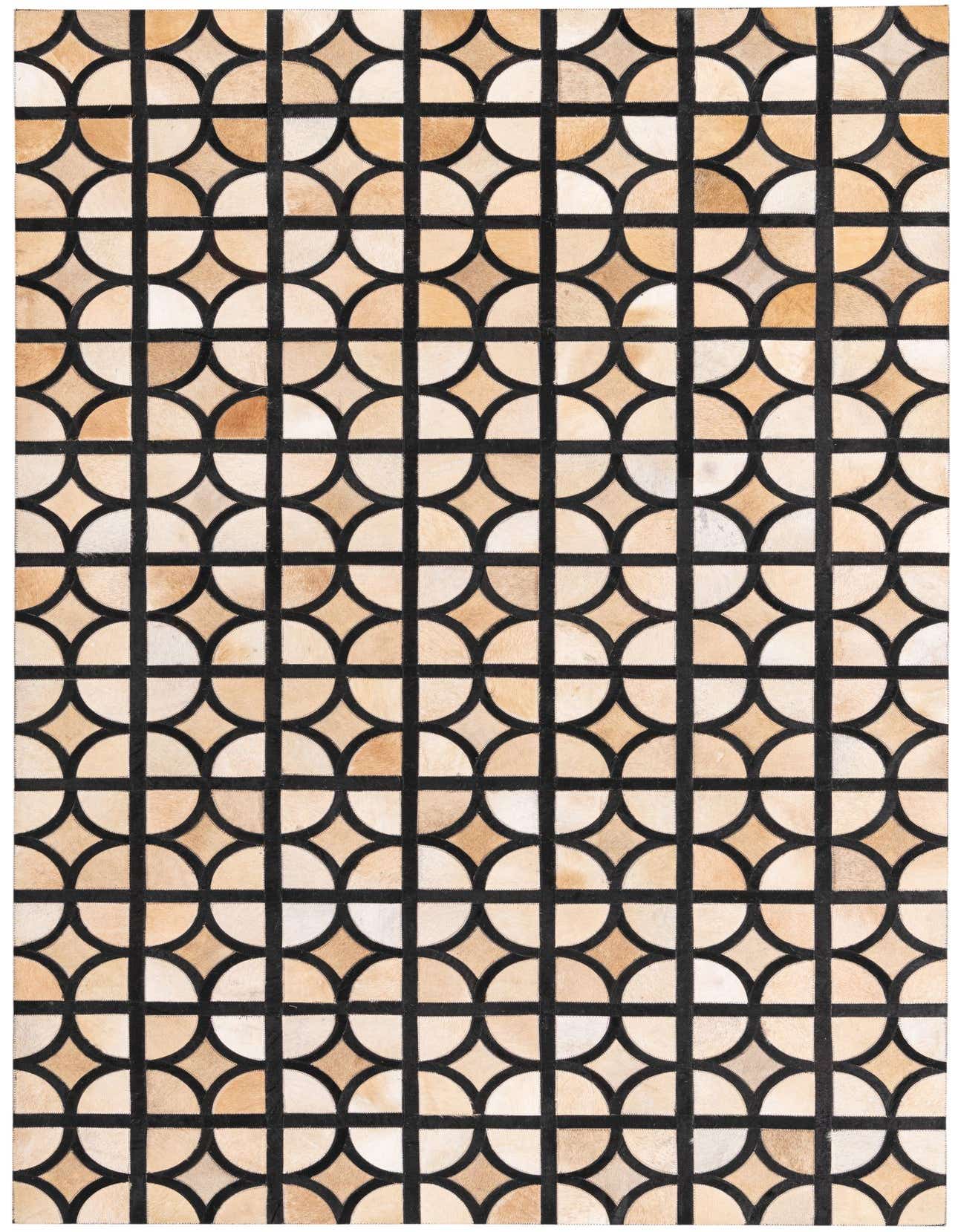 A 5x8 rectangular Cowhide rug featuring a modern geometric pattern of tan and brown half-circles outlined by dark leather grid lines.