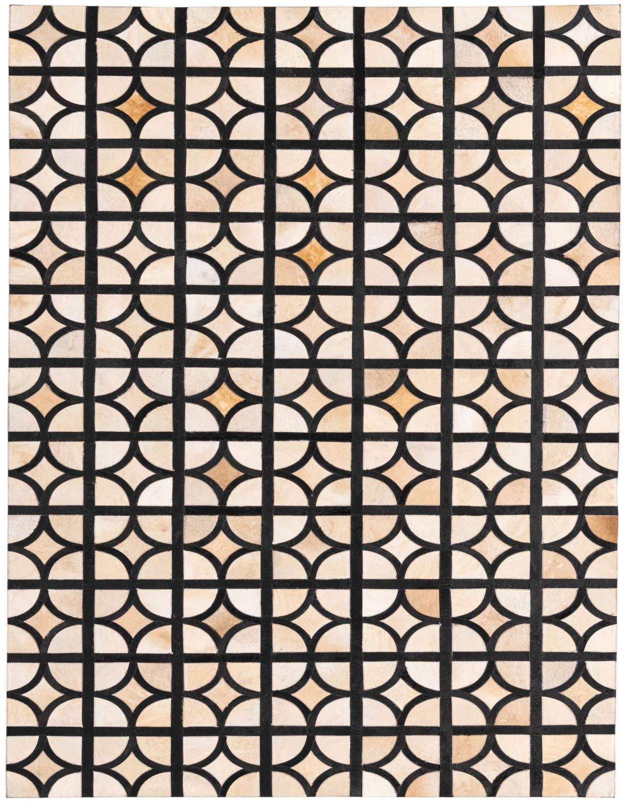 A 5x8 rectangular Cowhide rug featuring a modern geometric pattern of light brown and tan semicircles and diamonds outlined by dark brown leather strips.