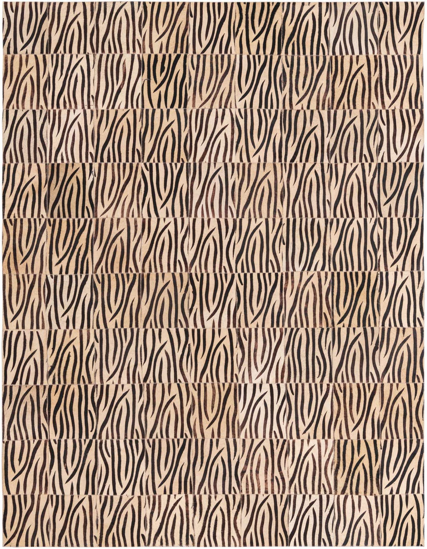 A 5x8 rectangular brown and tan cowhide rug with a modern striped pattern, ideal for a living room.