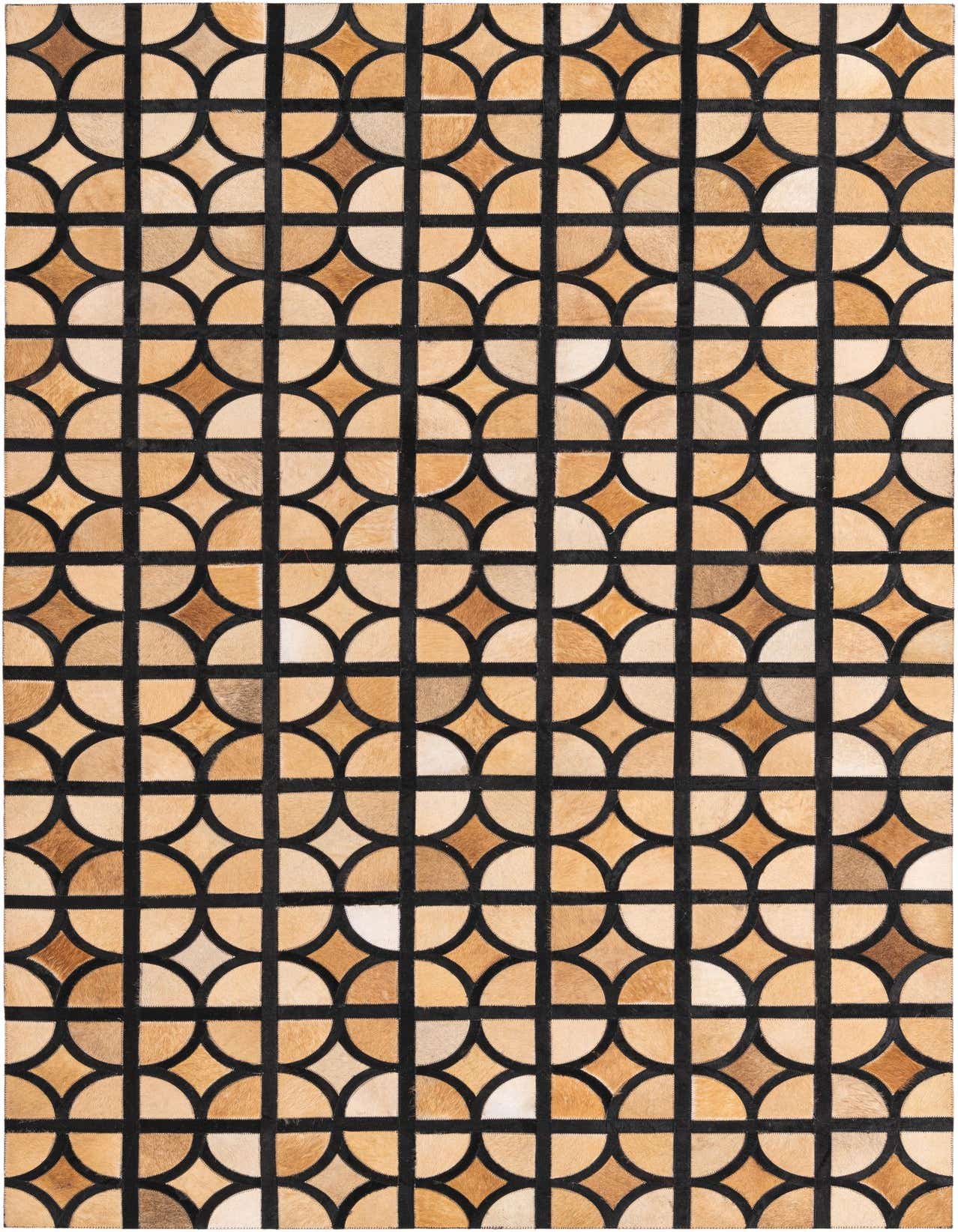 A 5x8 rectangular Cowhide rug featuring a geometric patchwork pattern of brown and tan semicircles and squares on a black background.