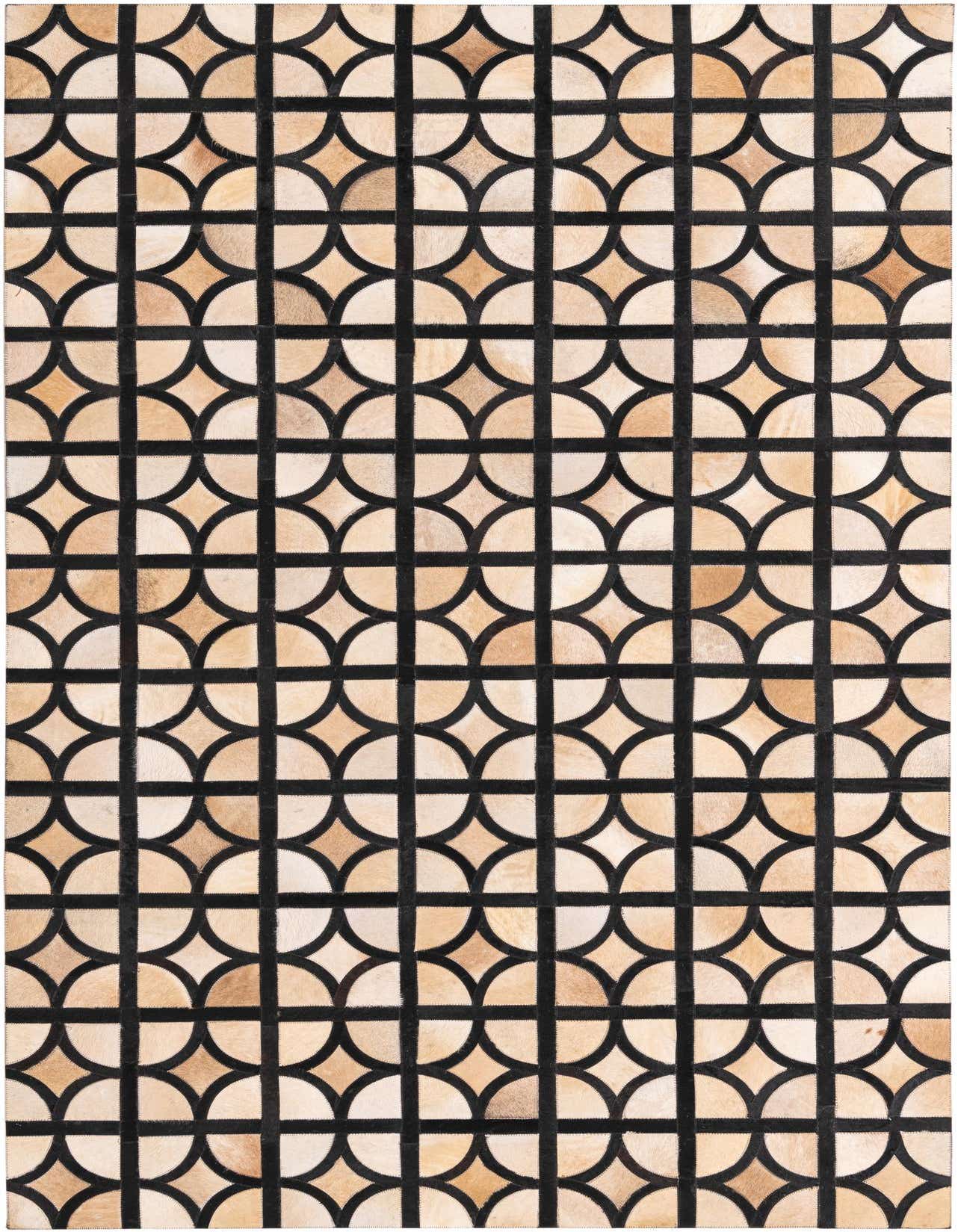 A 5x8 rectangular Cowhide rug featuring a modern geometric pattern of tan and brown semicircles and quarter circles outlined by black leather strips.