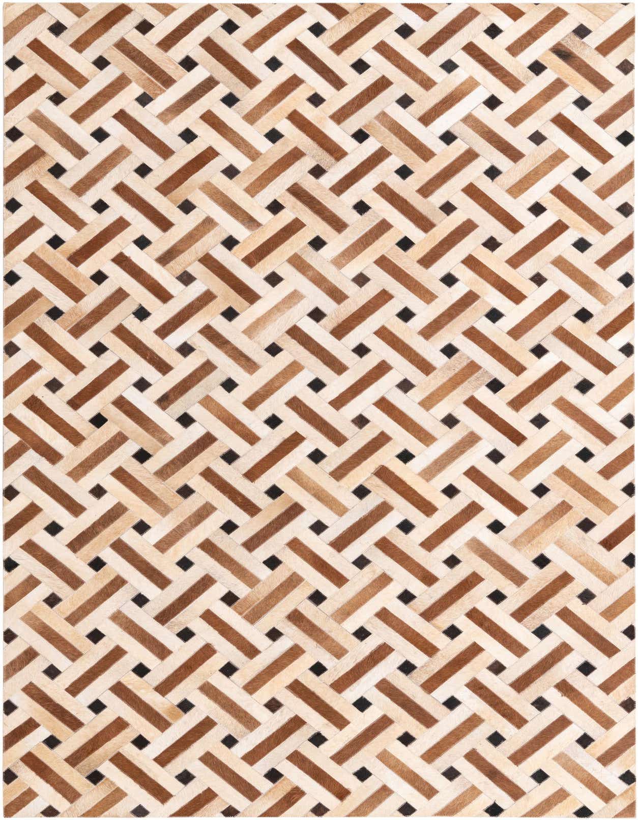 A rectangular 5x8 modern cowhide rug with a woven herringbone pattern in varying shades of brown, tan, and cream, accented with small black squares.